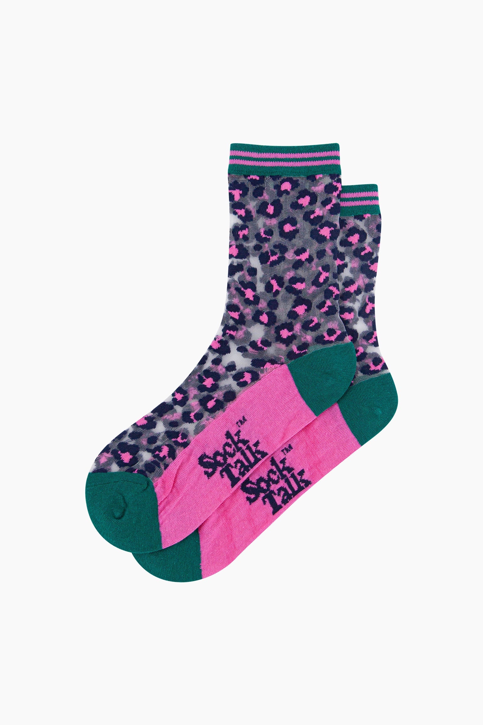 Leopard-Print-Combed-Cotton-Sheer-Pop-Socks-in-Green/Pink-Lying-Flat