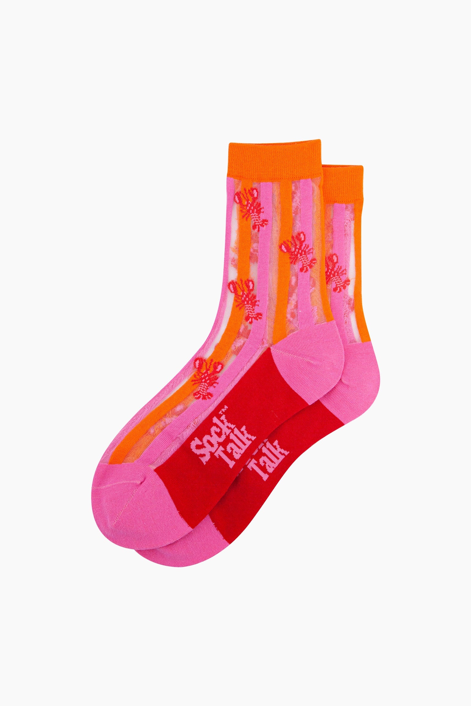 Lobster-Stripes-Combed-Cotton-Sheer-Pop-Socks-in-Pink-Red-Lying-Flat