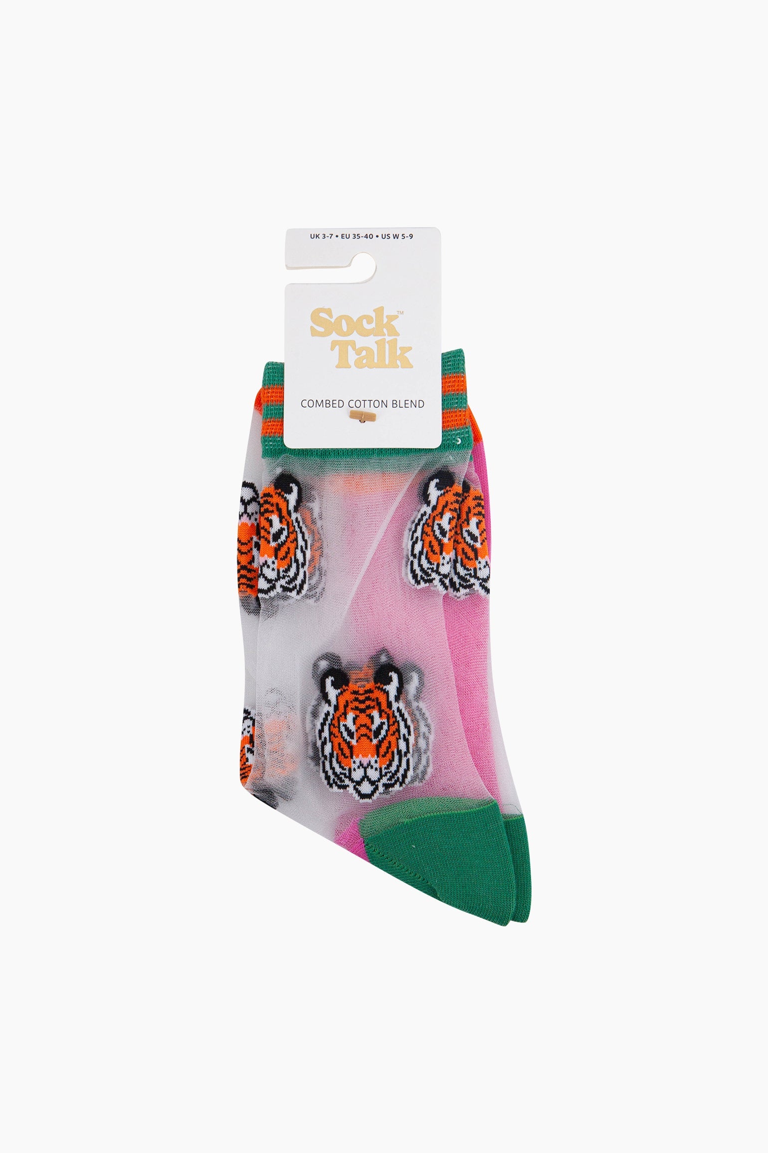 Tiger-Faces-Combed-Cotton-Sheer-Pop-Socks-in-Green-In-Packaging