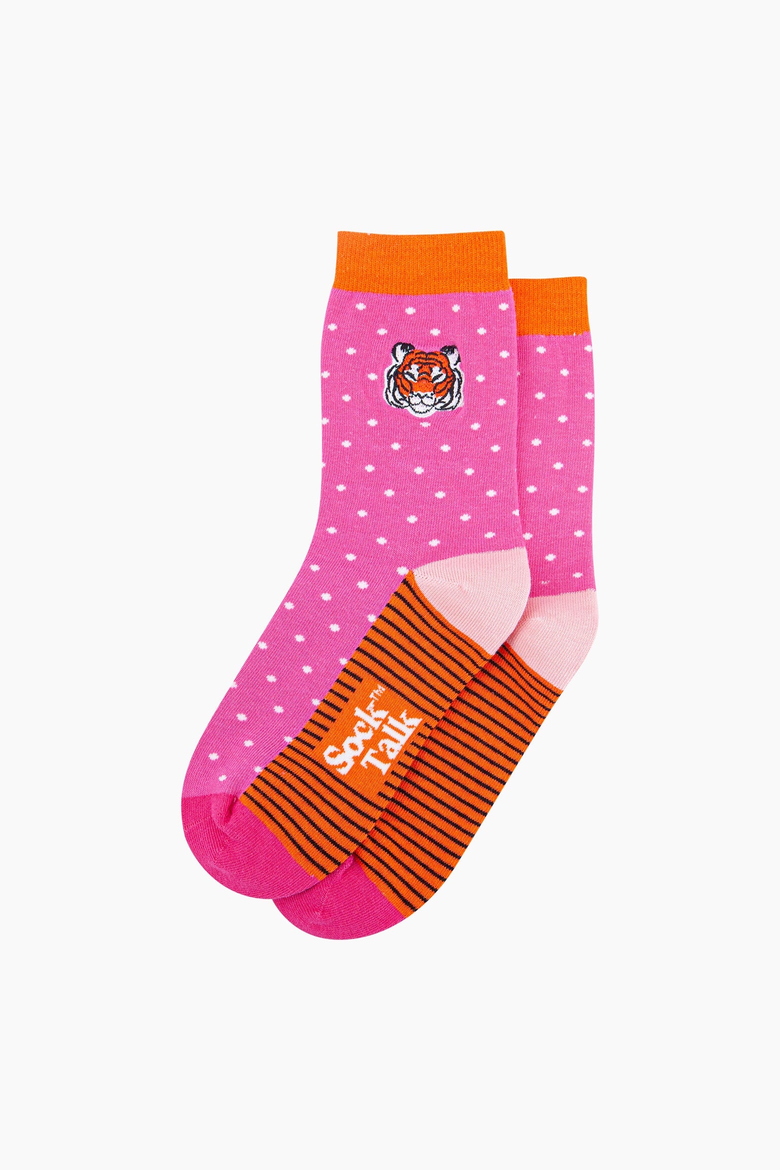 Embroidered-Tiger-Face-Combed-Cotton-Socks-in-Pink-Lying-Flat
