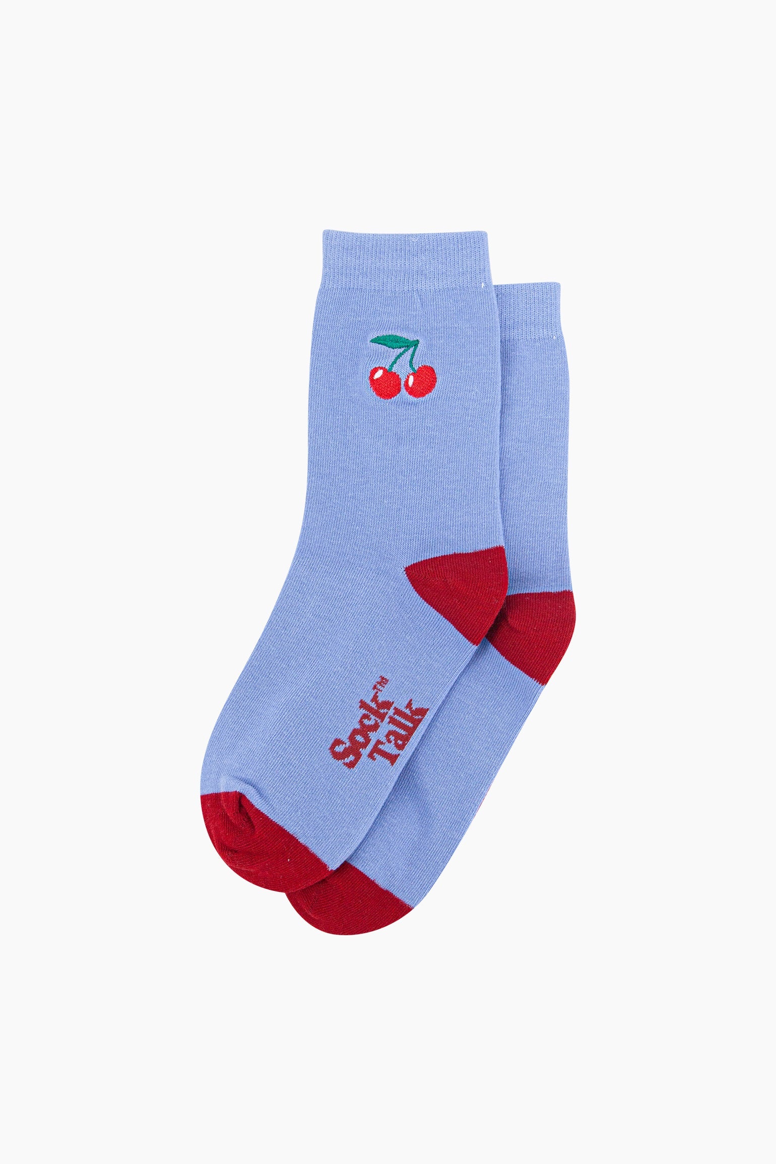 Embroidered-Cherries-Combed-Cotton-Socks-in-Blue-Lying-Flat