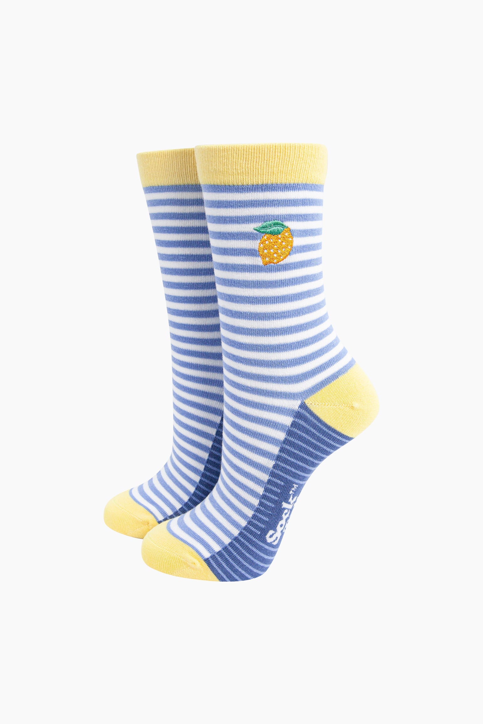 Embroidered-Lemon-Striped-Combed-Cotton-Socks-in-Blue-Mannequin