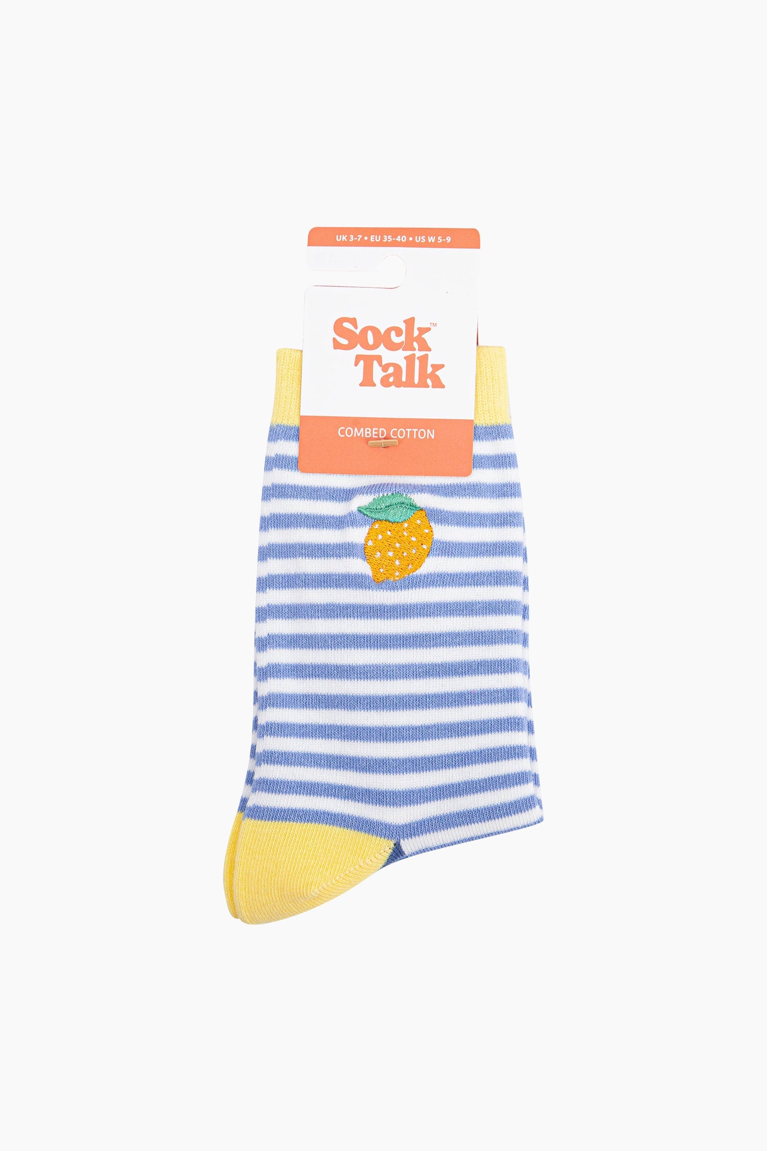 Embroidered-Lemon-Striped-Combed-Cotton-Socks-in-Blue-In-Packaging