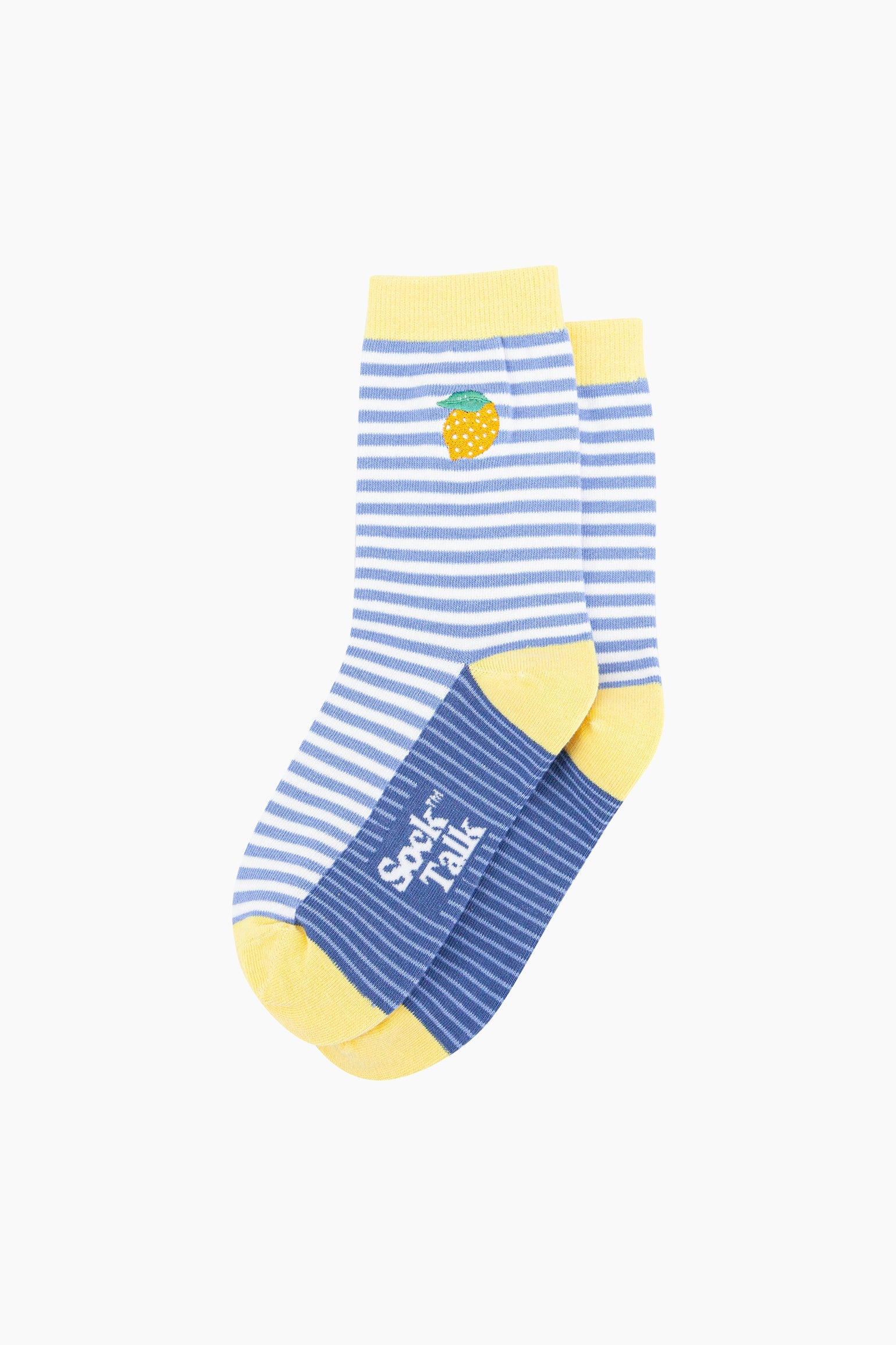 Embroidered-Lemon-Striped-Combed-Cotton-Socks-in-Blue-Lying-Flat