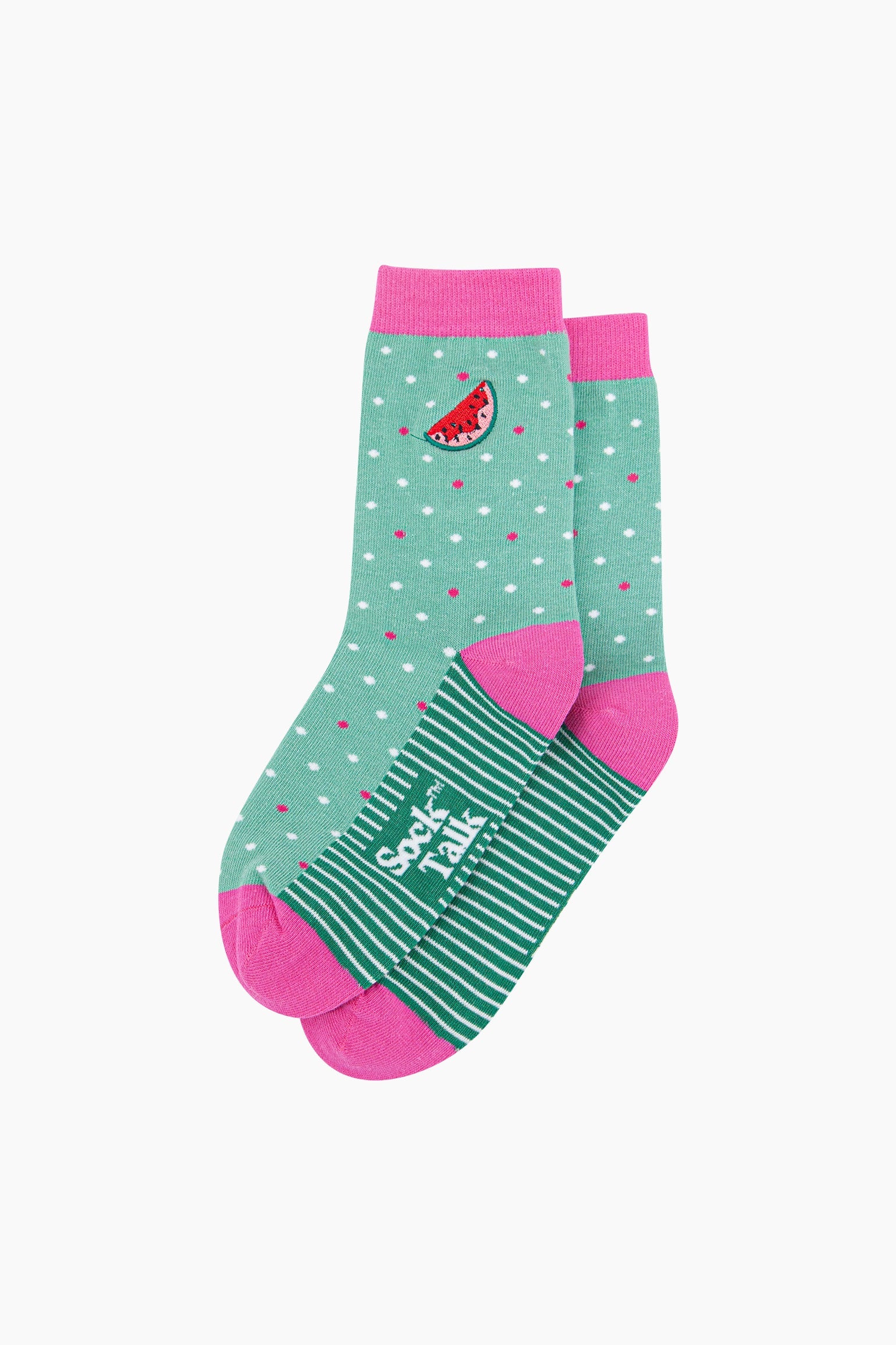 Embroidered-Watermelon-Combed-Cotton-Socks-in-Mint/Pink-Closeup-lying-flat