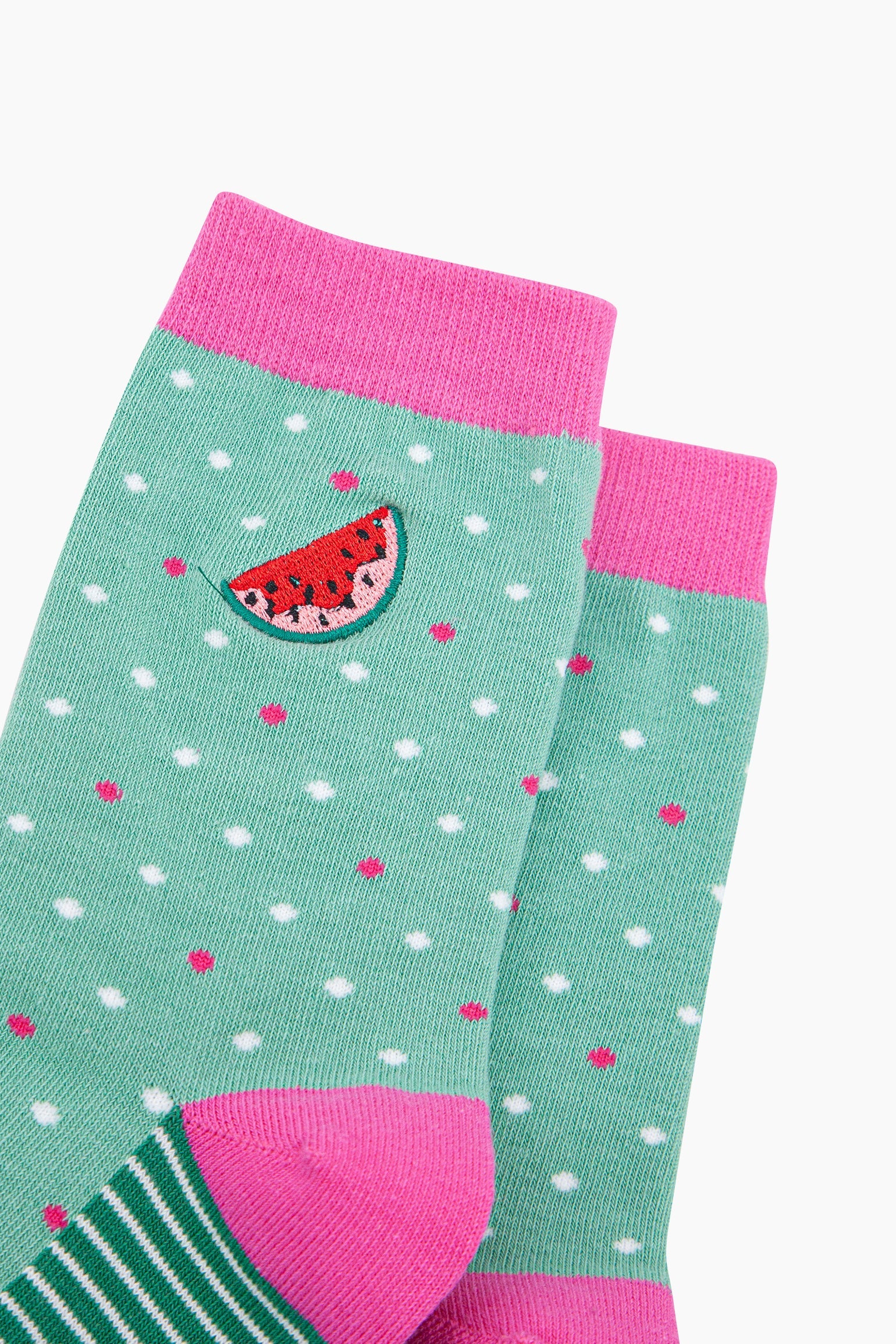 Embroidered-Watermelon-Combed-Cotton-Socks-in-Mint/Pink-Closeup