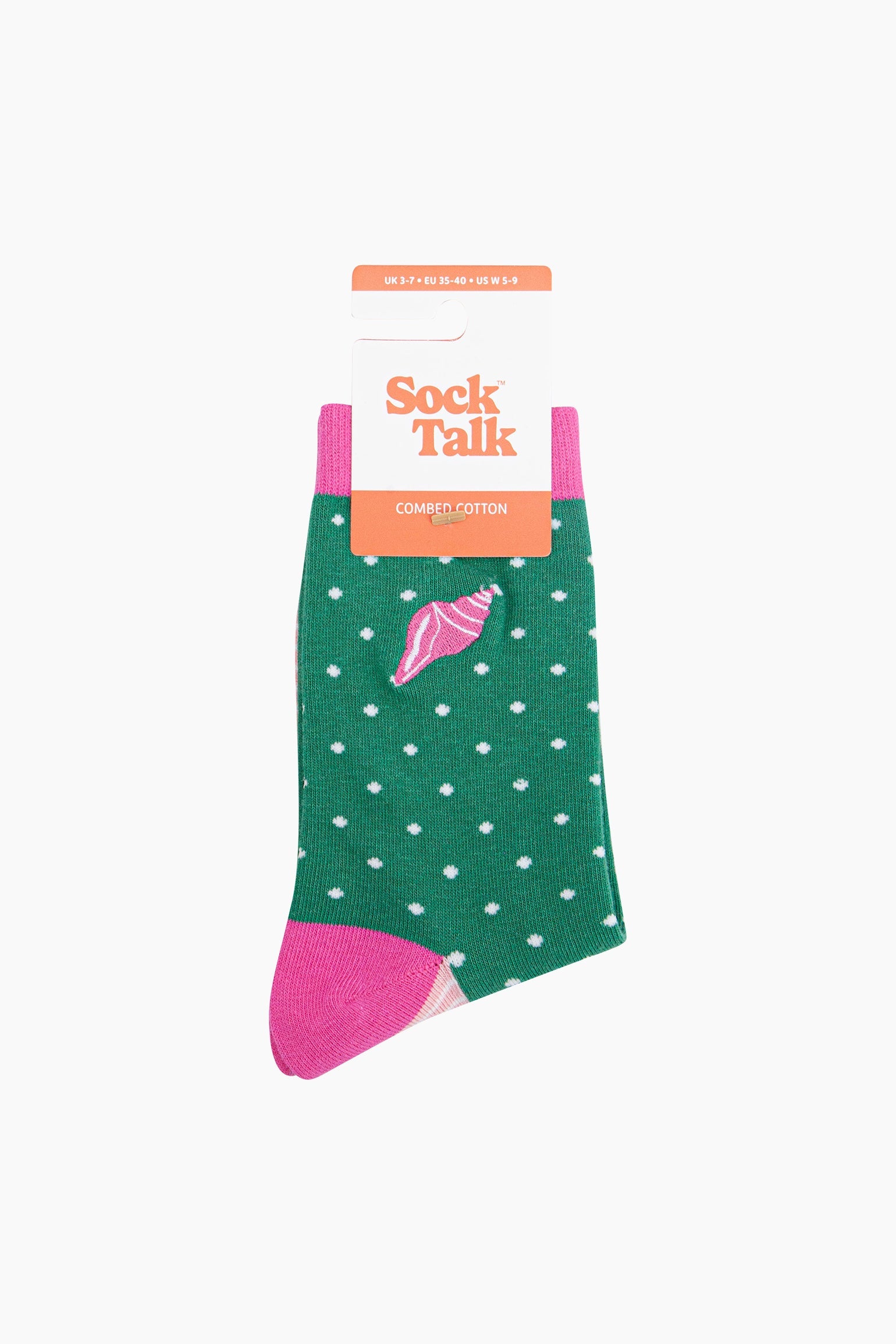 Embroidered-Conch-Shell-Combed-Cotton-Socks-in-Green-Pink-In-Packaging