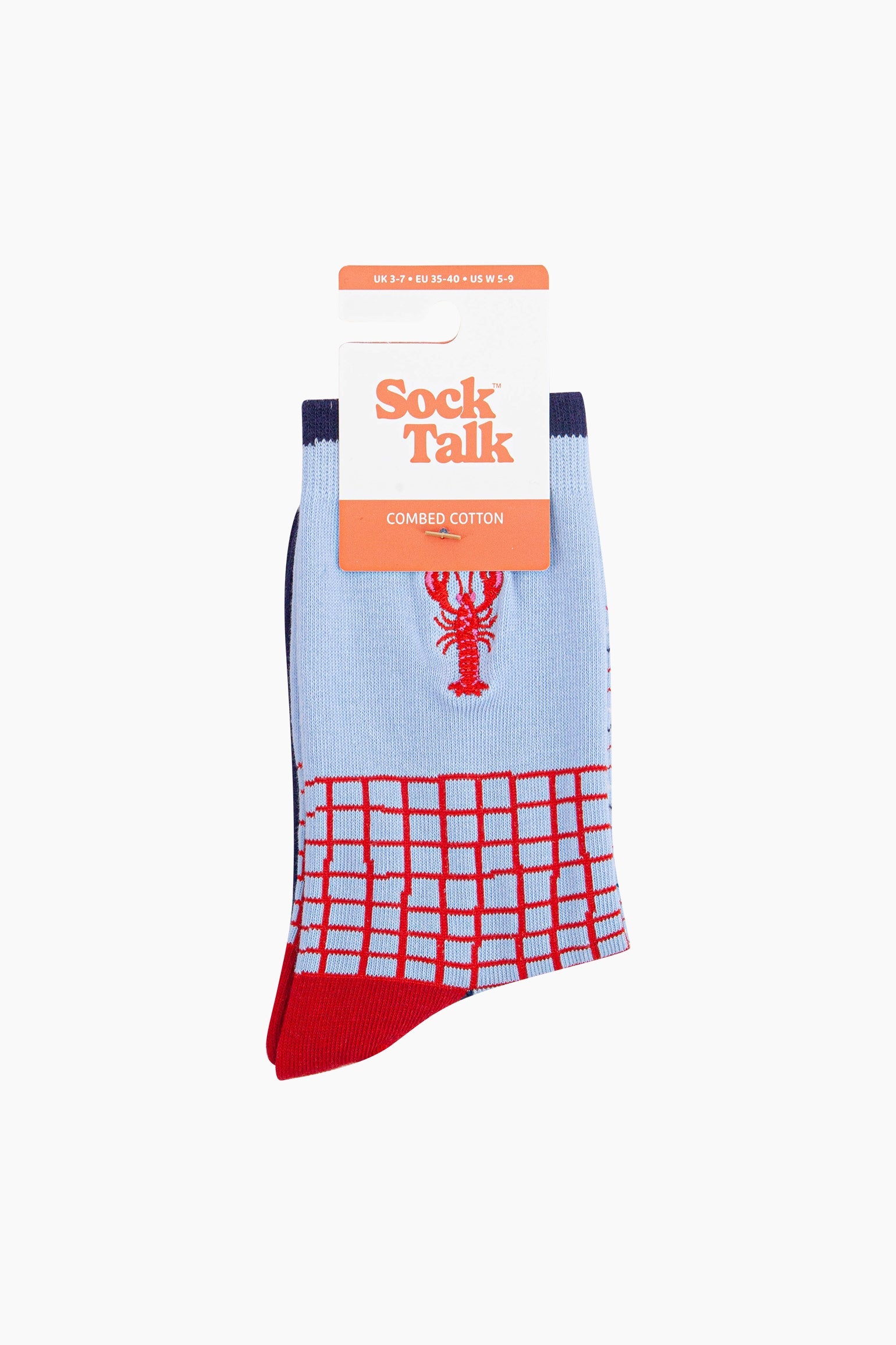 Embroidered-Lobster-Combed-Cotton-Socks-in-Blue/Red-in-packaging