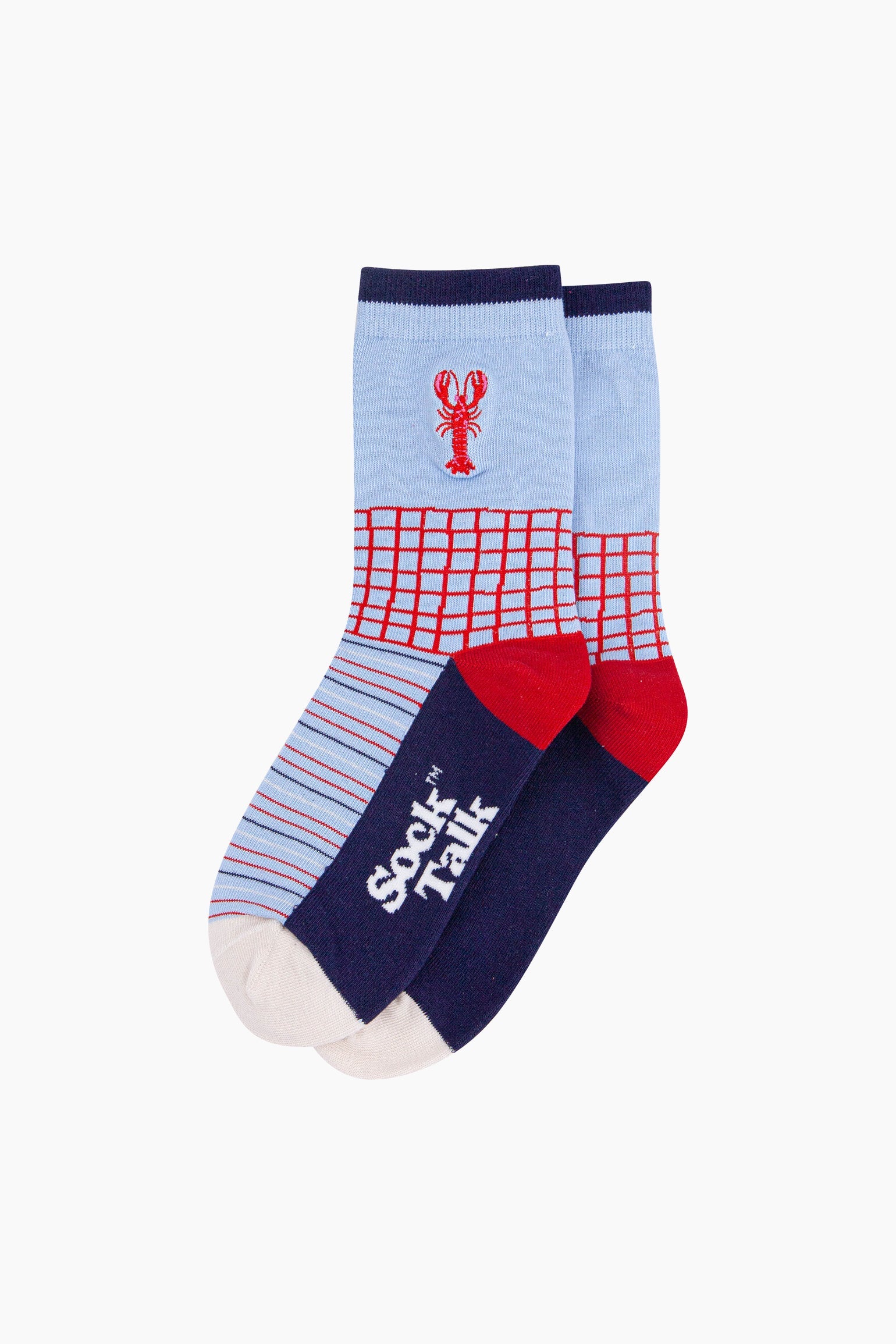 Embroidered-Lobster-Combed-Cotton-Socks-in-Blue/Red-lying-flat