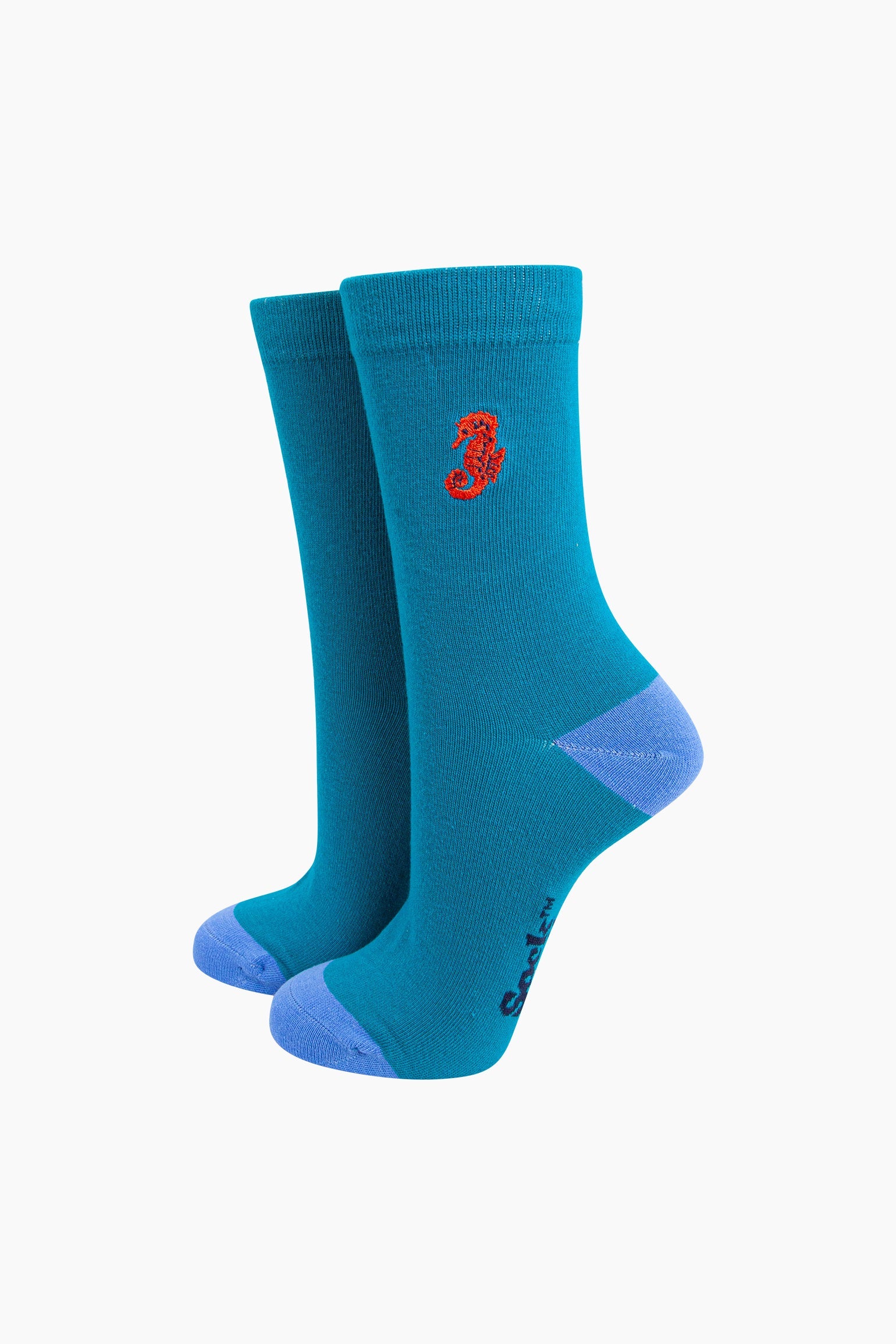 Embroidered-Seahorse-Combed-Cotton-Socks-in-Teal-Mannequin