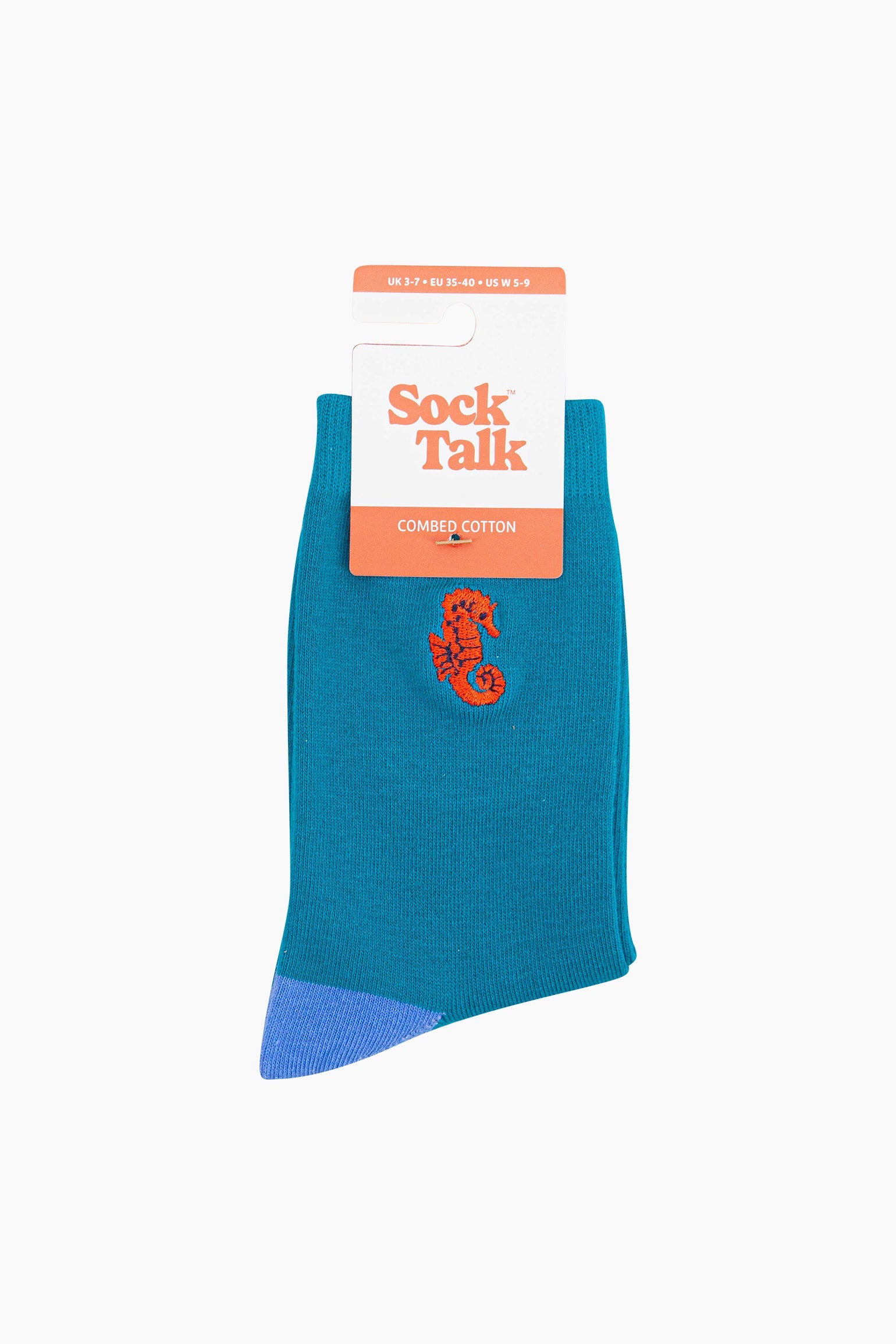 Embroidered-Seahorse-Combed-Cotton-Socks-in-Teal-In-Packaging