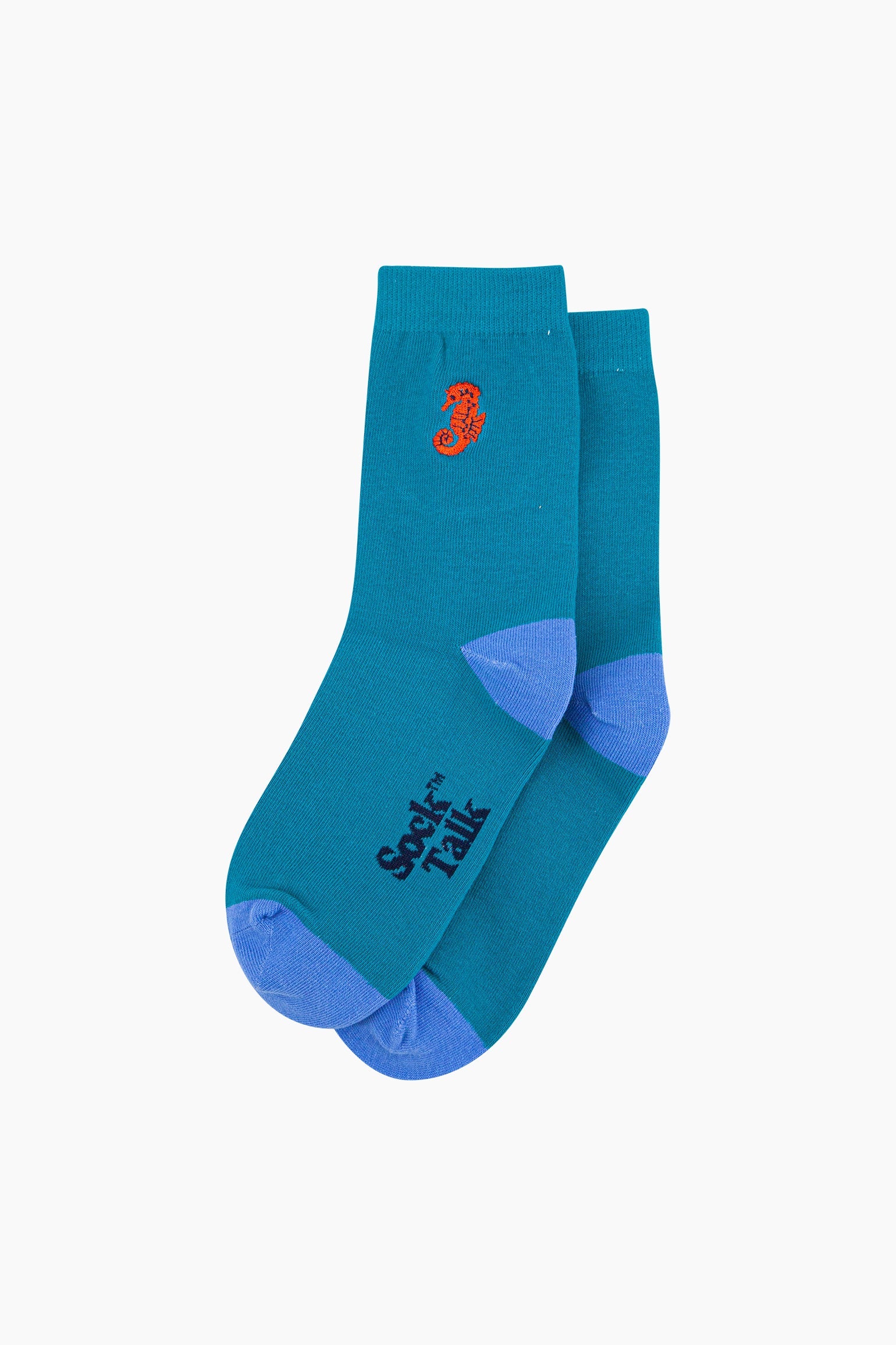 Embroidered-Seahorse-Combed-Cotton-Socks-in-Teal-Lying-Flat