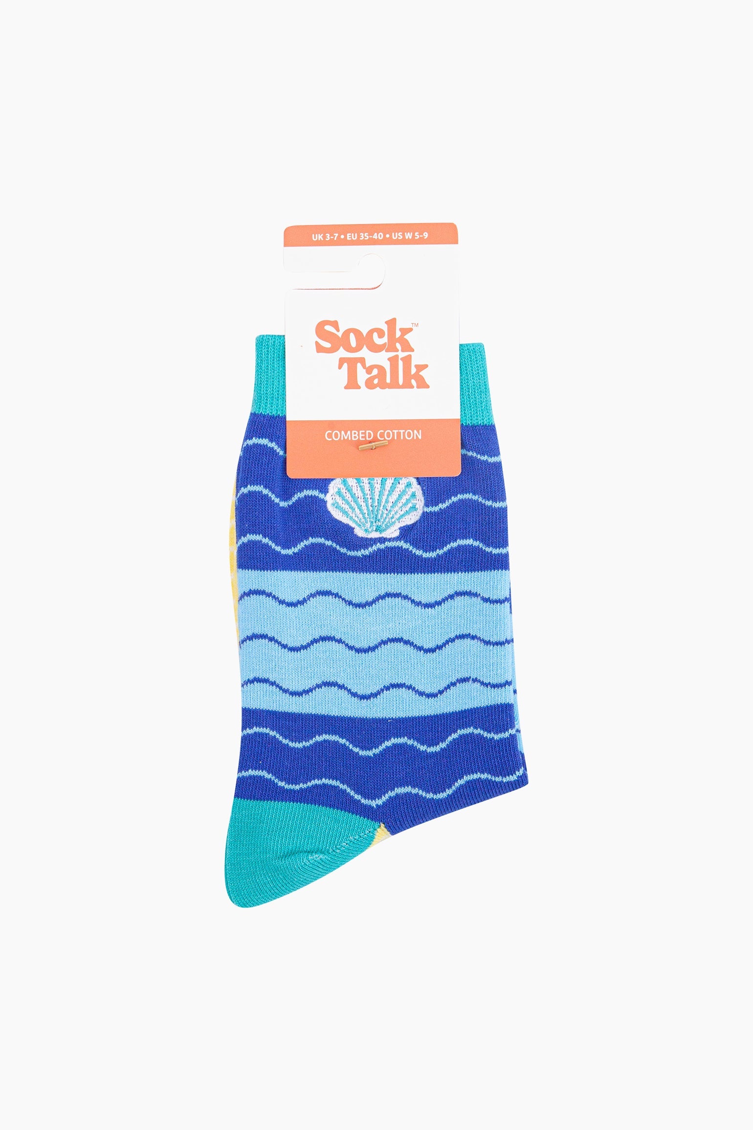 Embroidered-Scallop-Shell-Combed-Cotton-Socks-in-Blue-In-Packaging