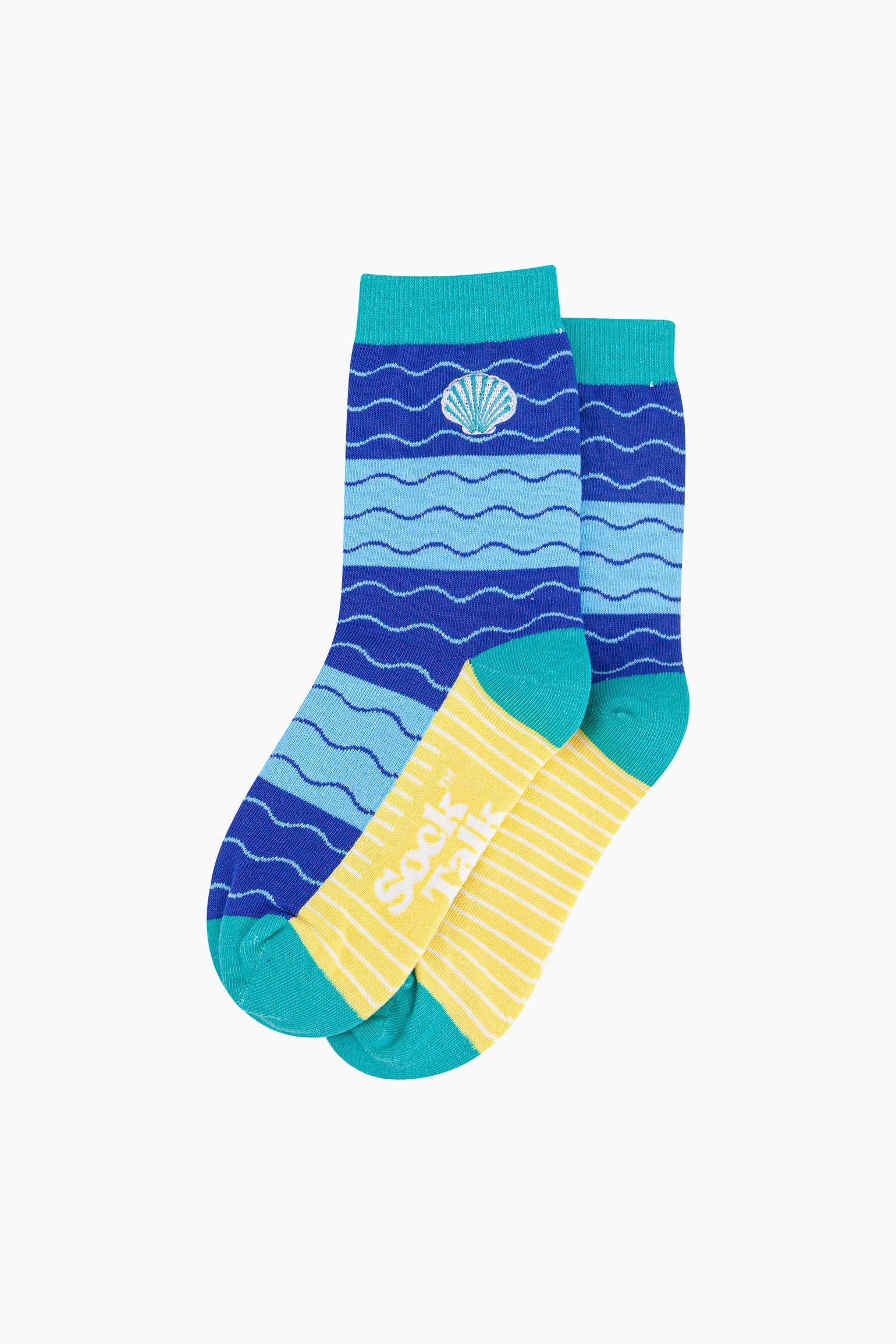 Embroidered-Scallop-Shell-Combed-Cotton-Socks-in-Blue-Lying-Flat