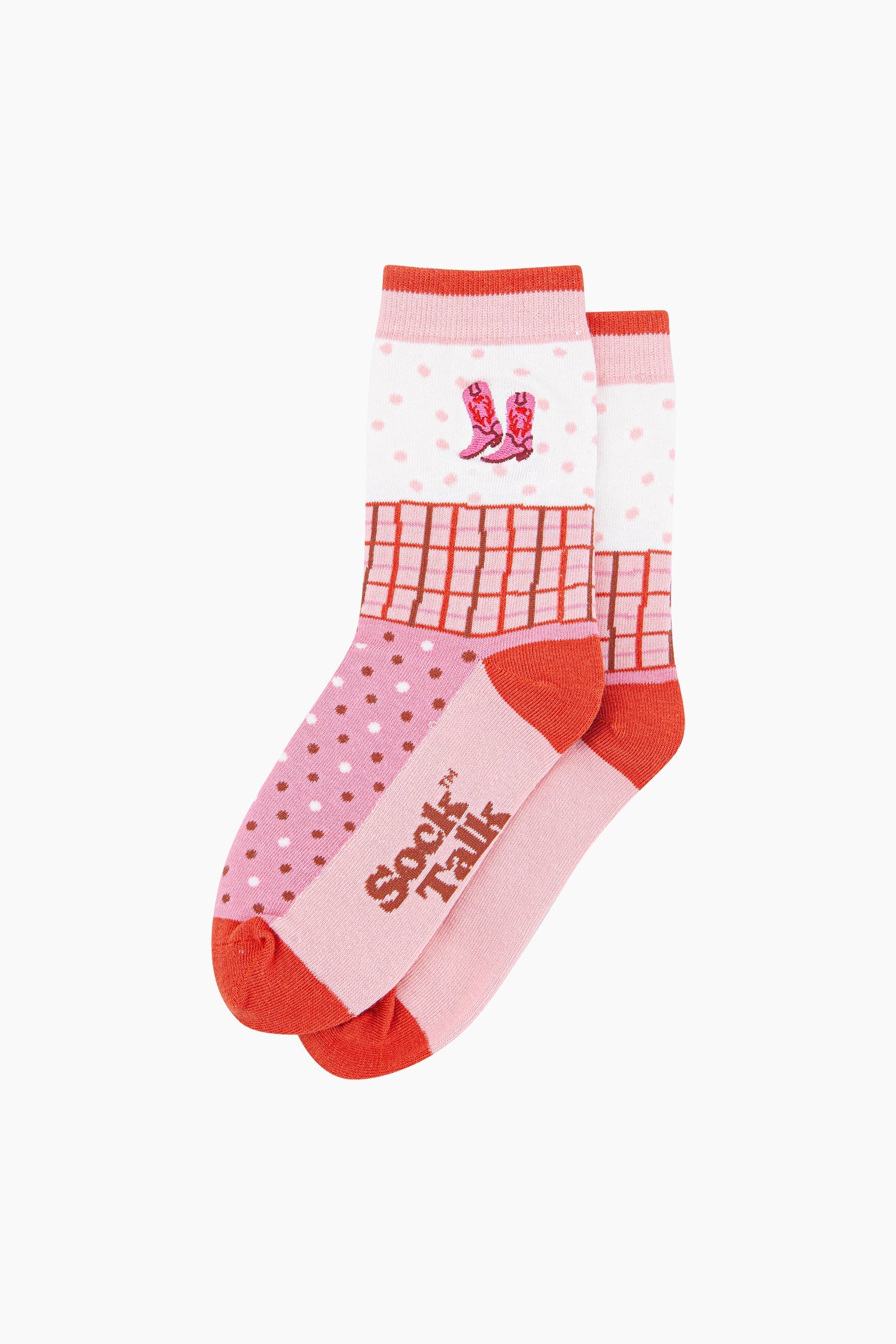 Embroidered-Cowboy-Boots-Combed-Cotton-Socks-in-Pink-lying-flat
