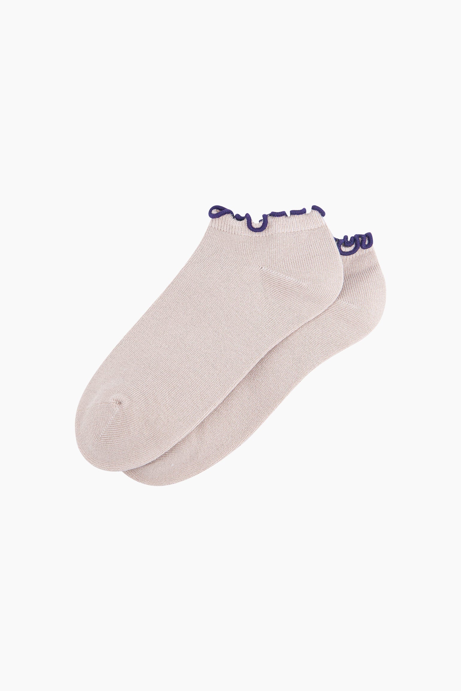 Frilly-Trim-Bamboo-Trainer-Socks-in-Beige-Brown-Lying-Flat