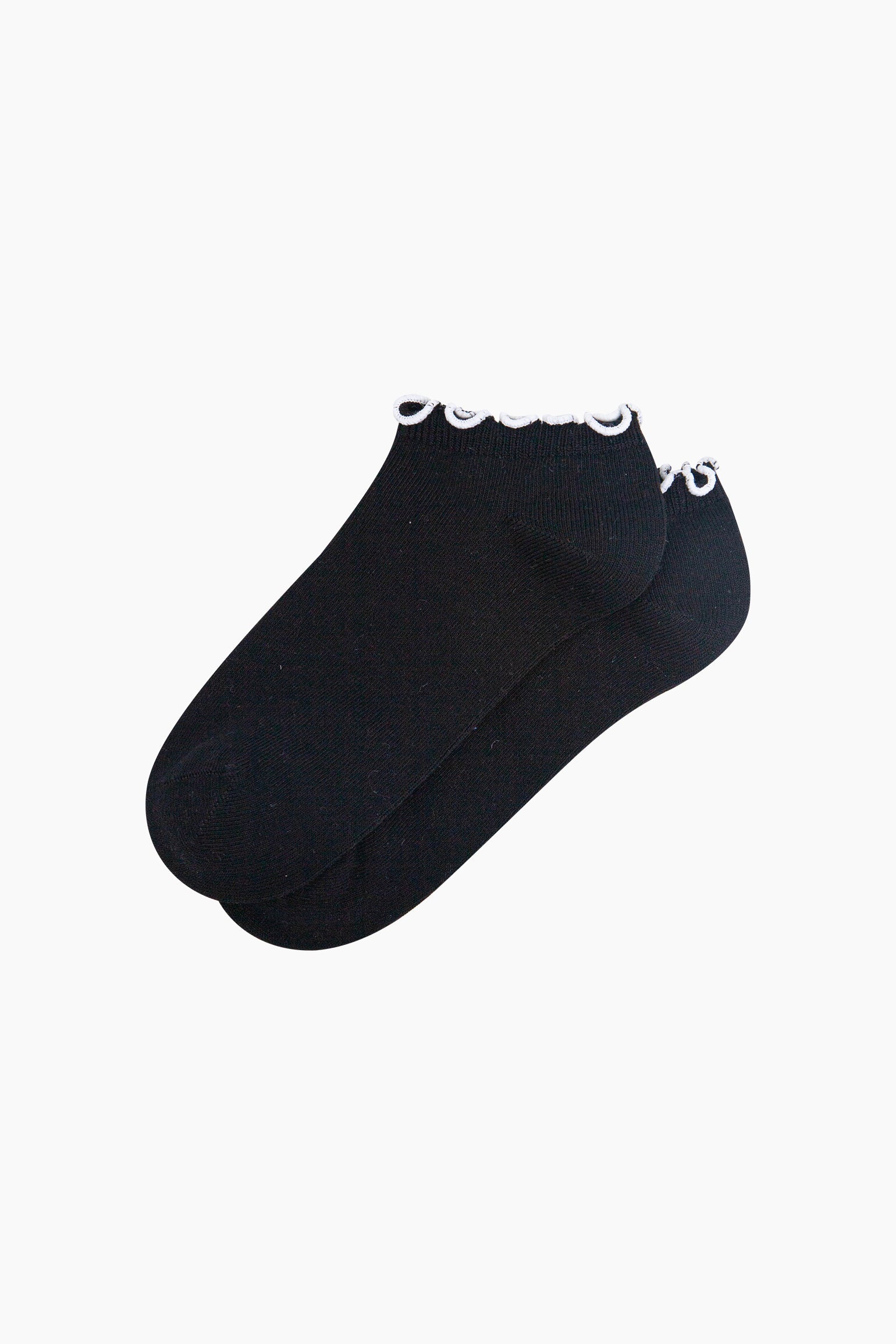 Frilly-Trim-Bamboo-Trainer-Socks-in-Black-White-Lying-Flat