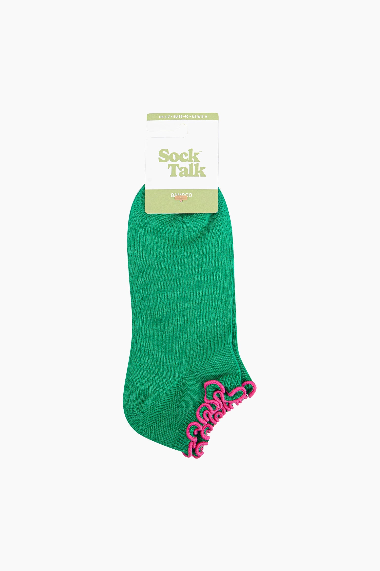 Frilly-Trim-Bamboo-Trainer-Socks-in-Green-Pink-In-Packaging