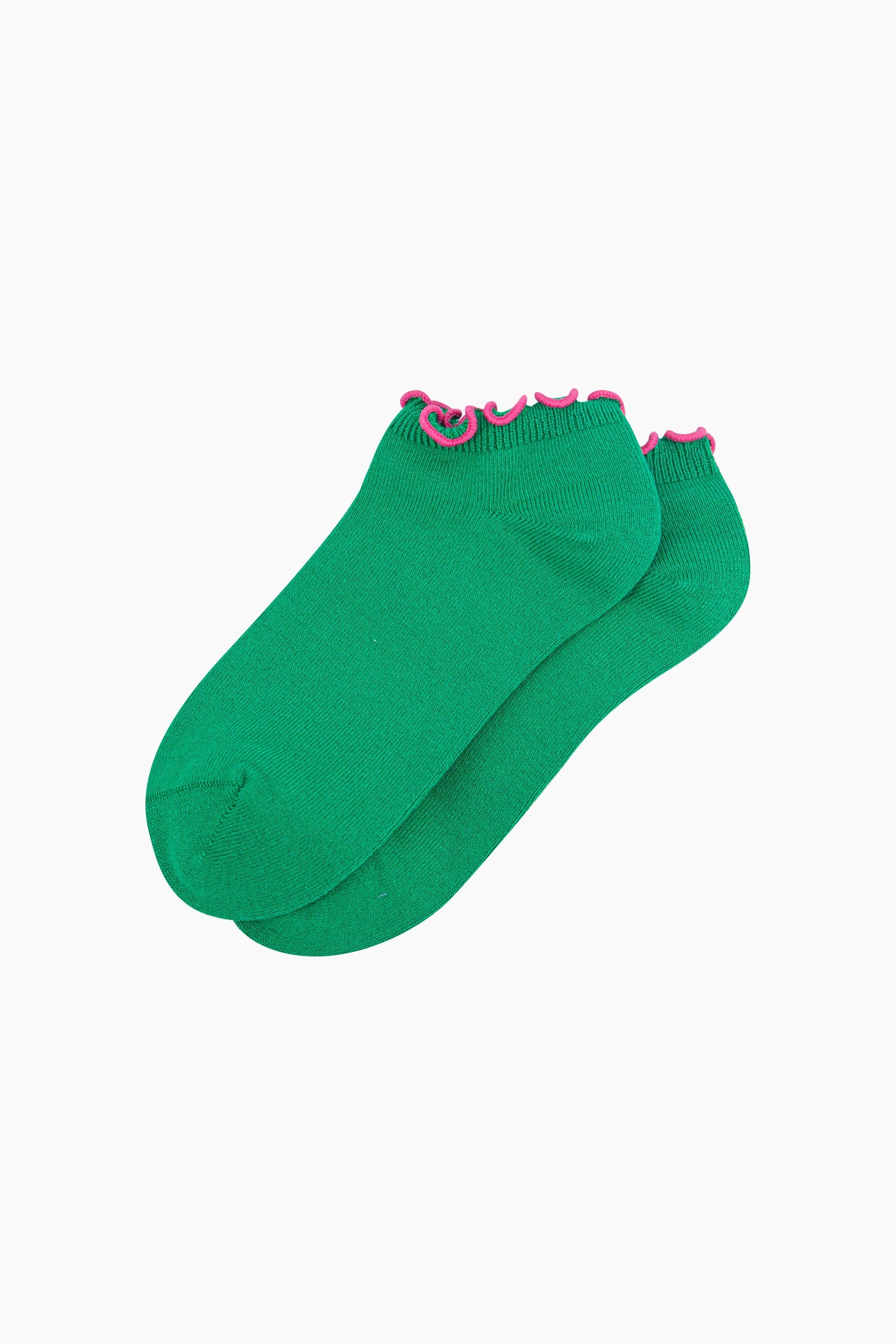 Frilly-Trim-Bamboo-Trainer-Socks-in-Green-Pink-Lying-Flat