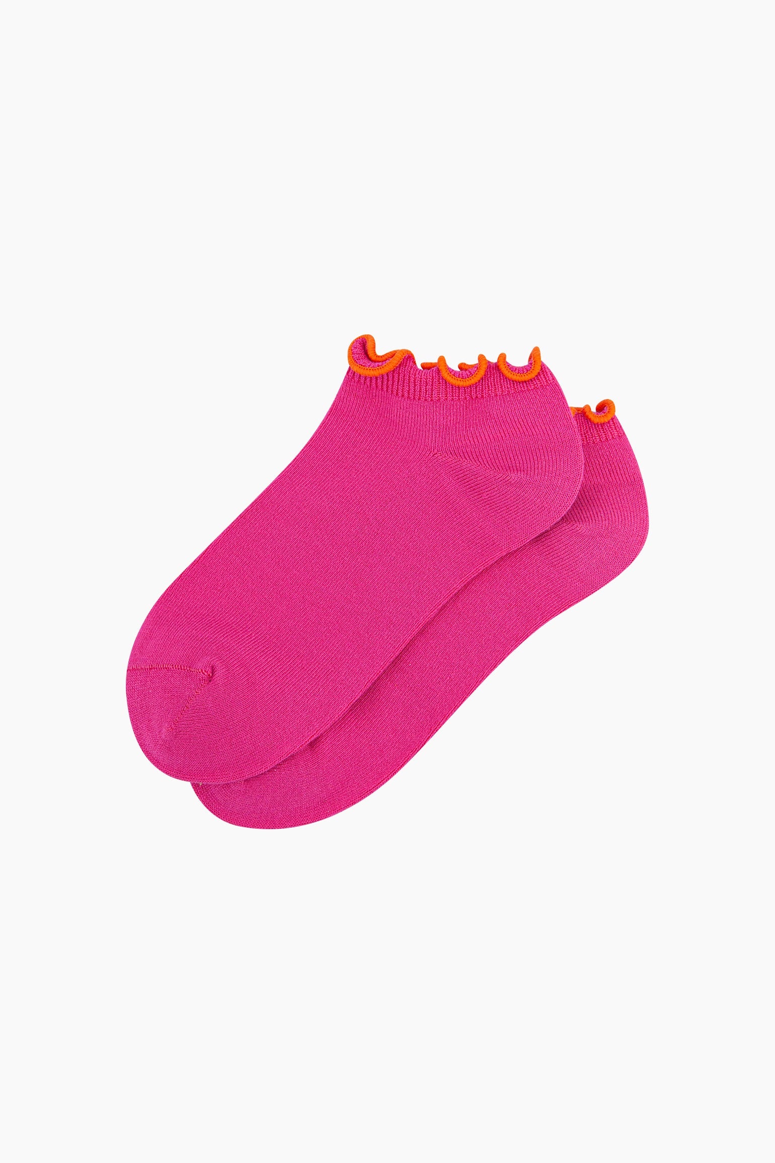 Frilly-Trim-Bamboo-Trainer-Socks-in-Pink-Orange-Lying-Flat
