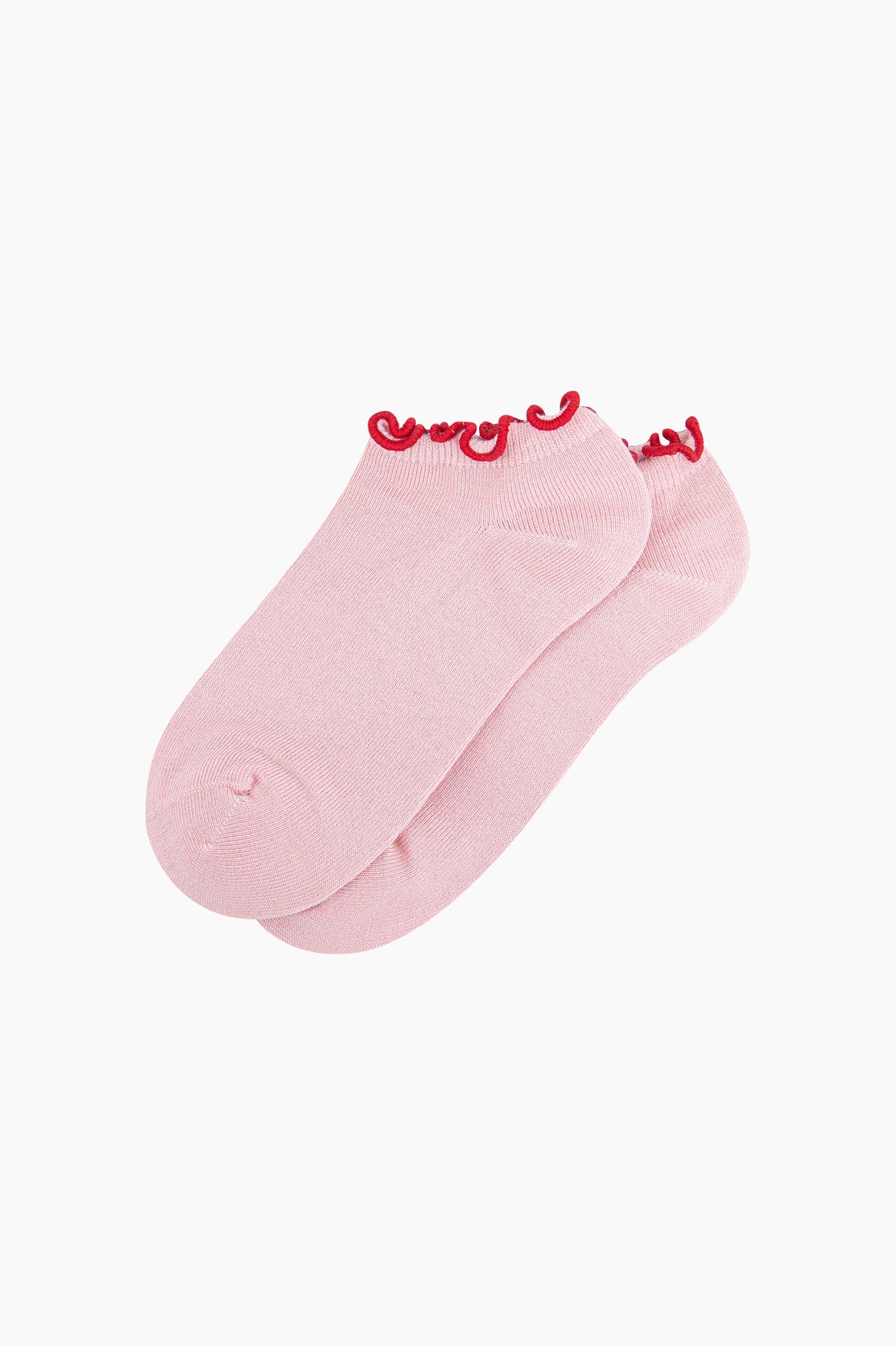Frilly-Trim-Bamboo-Trainer-Socks-in-Pink-Red-Lying-Flat