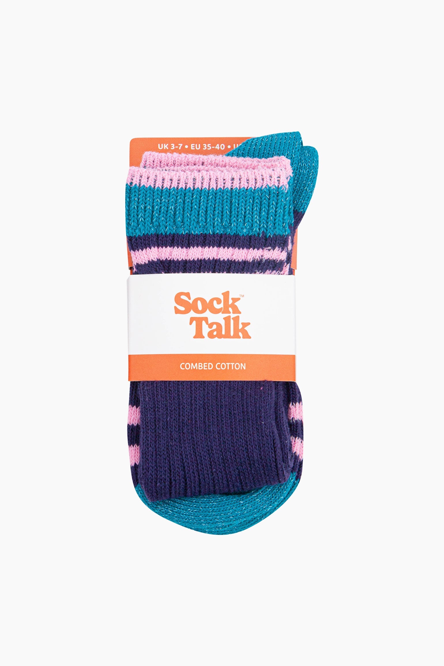 Striped-Combed-Cotton-Knee-High-Glitter-Socks-in-Navy-Green-in-packaging