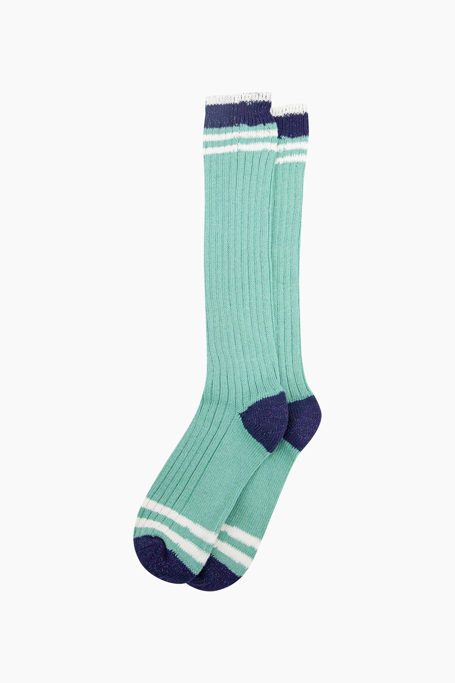 Striped-Combed-Cotton-Knee-High-Glitter-Socks-in-Green-Navy-flat-lay