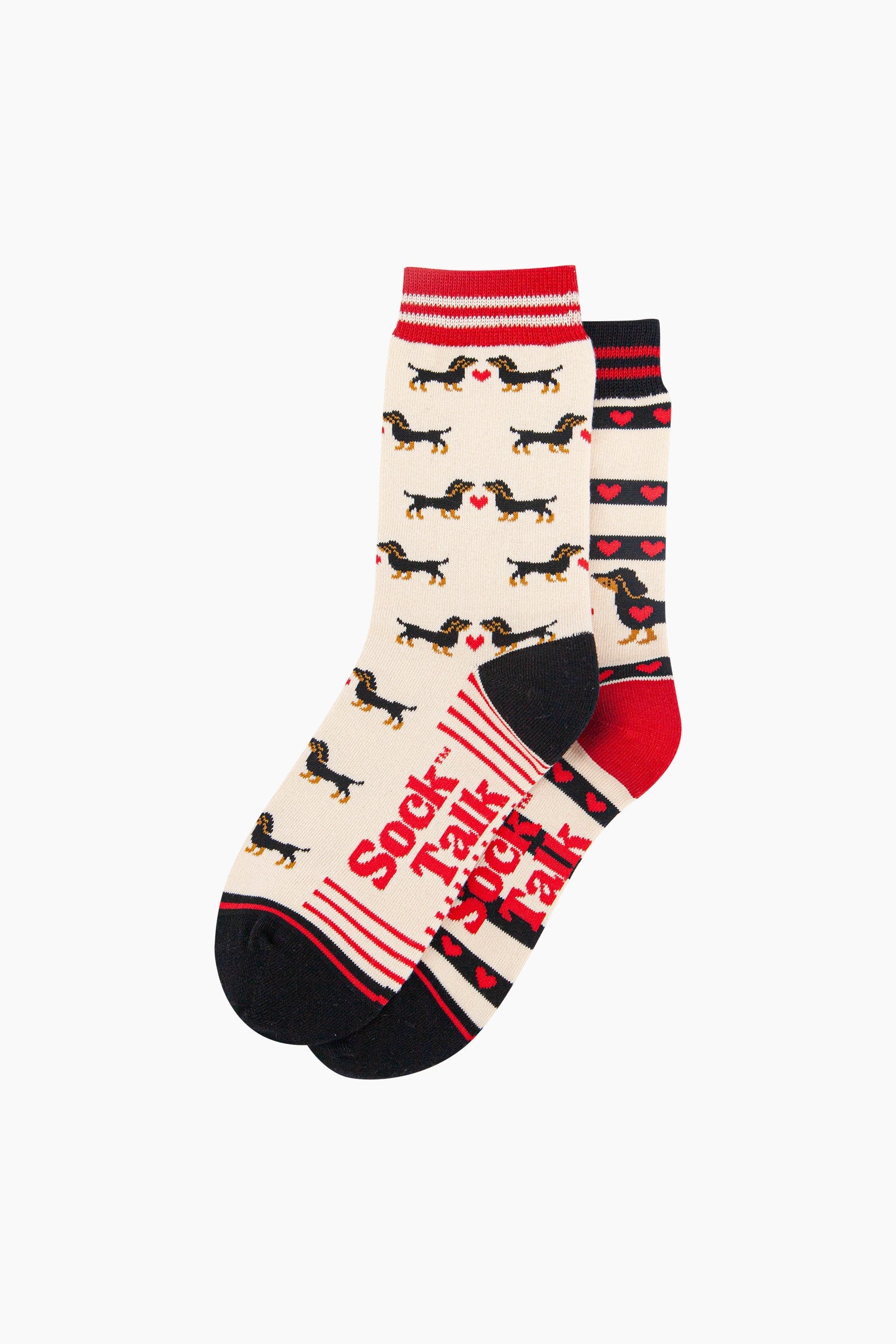 Sausage-Dogs-Hearts-Combed-Cotton-Odd-Socks-in-Cream-Lying-Flat