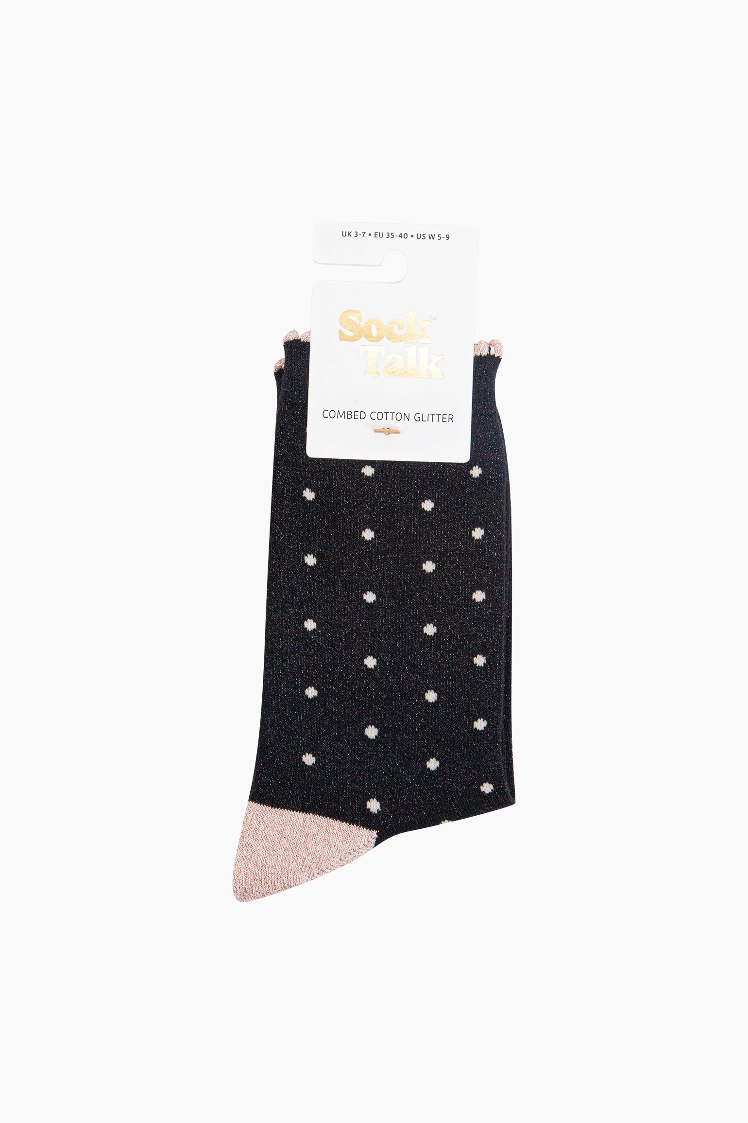 Small-Spots-Combed-Cotton-Glitter-Socks-in-Black-Gold-in-packaging