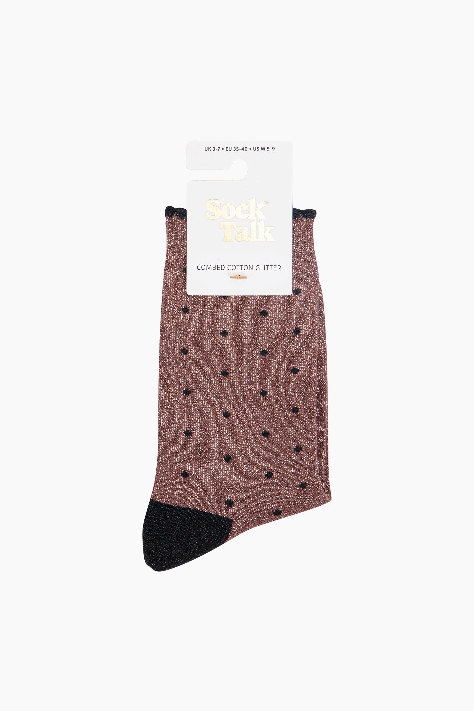 Small-Spots-Combed-Cotton-Glitter-Socks-in-Chocolate-Brown-Black-in-packaging
