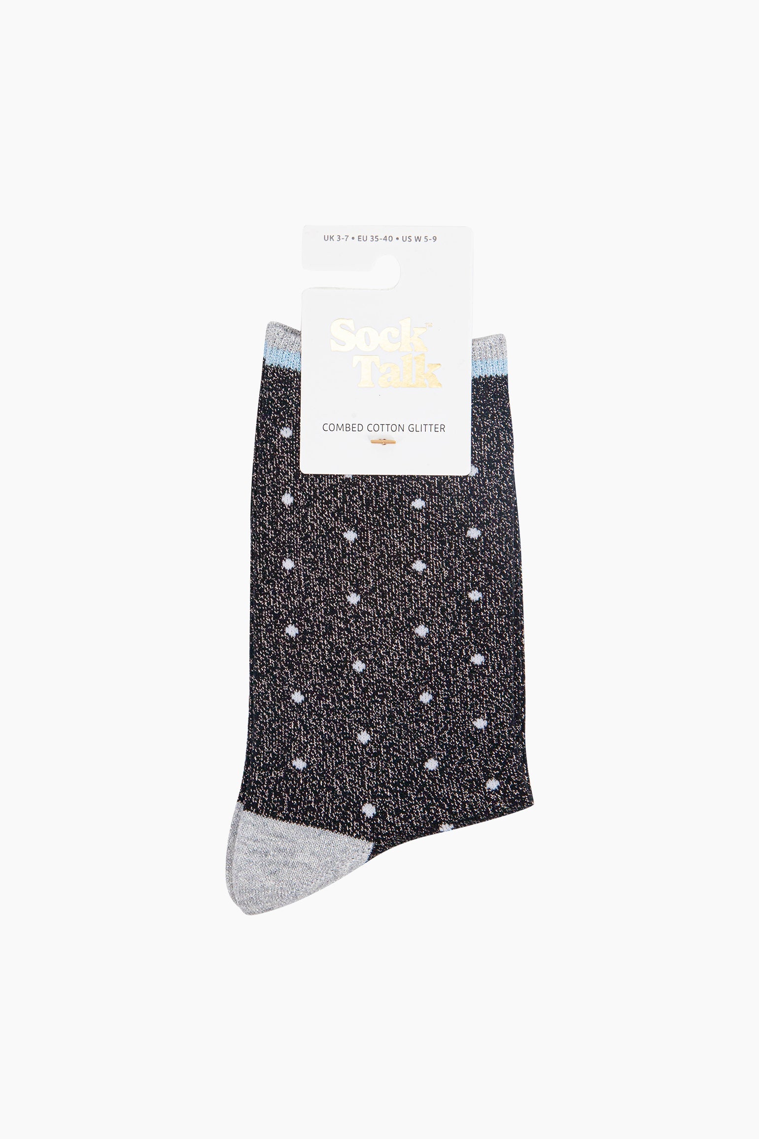 Small-Spots-Combed-Cotton-Glitter-Socks-in-Navy-Blue-in-packaging