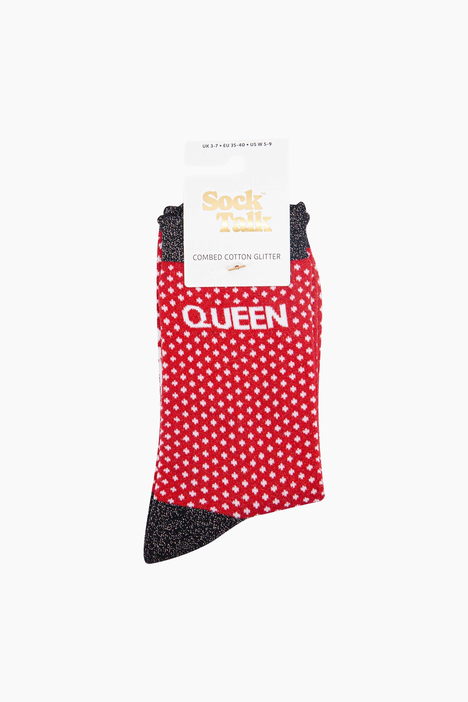 Queen-Spotted-Combed-Cotton-Glitter-Socks-in-Red-in-packging