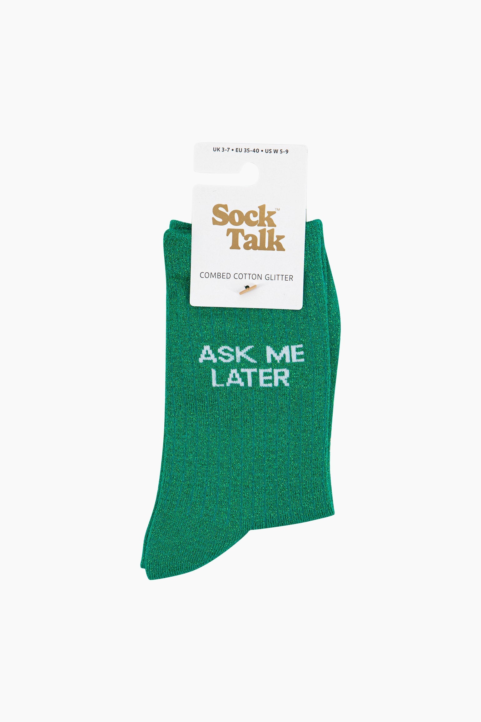 Ask-Me-Later-Glitter-Combed-Cotton-Word-Crew-Socks-for-Women-Green-In-packaging