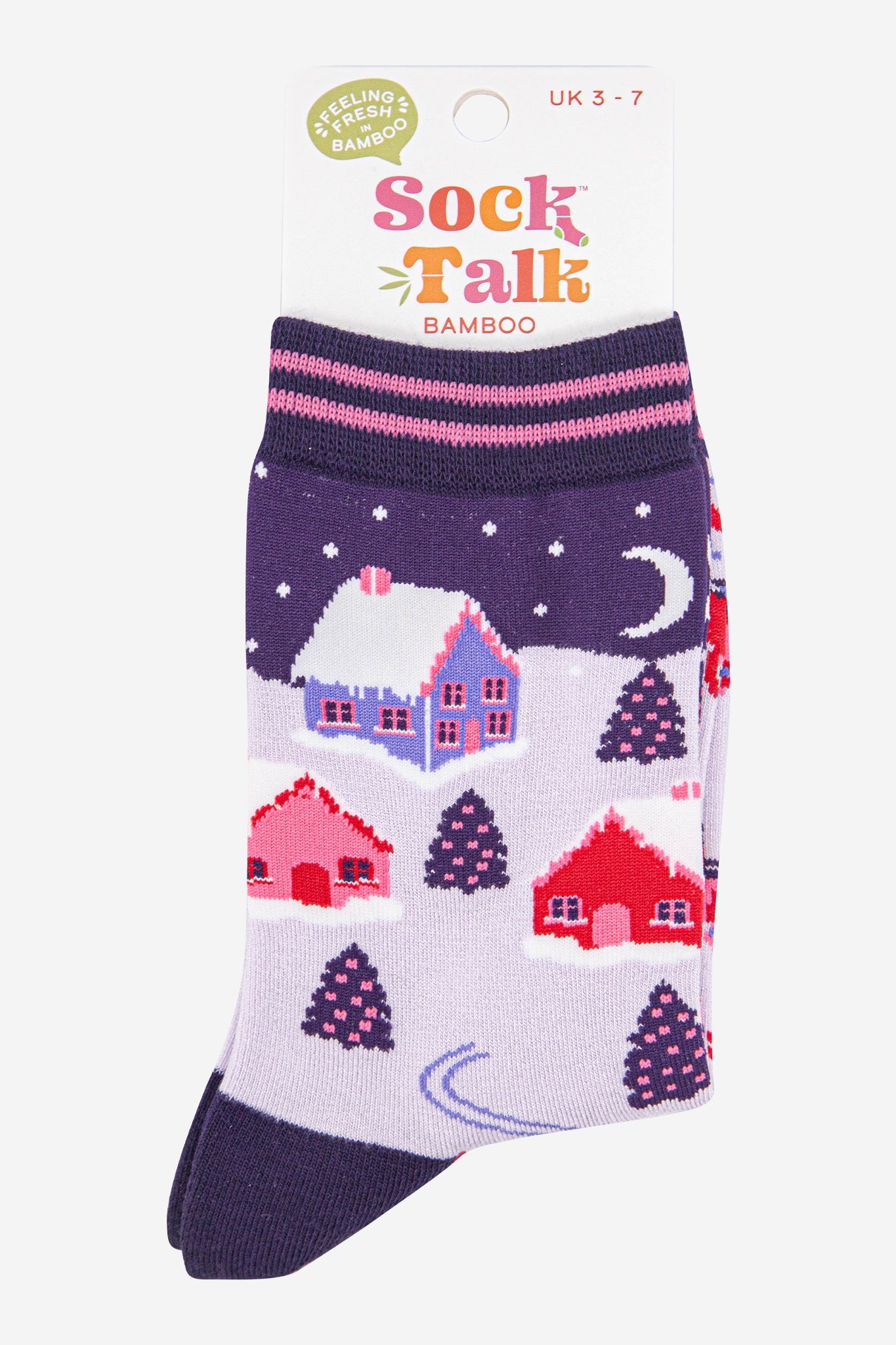 womens-bamboo-socks-navy-blue-winter-village-in-sock-talk-packaging