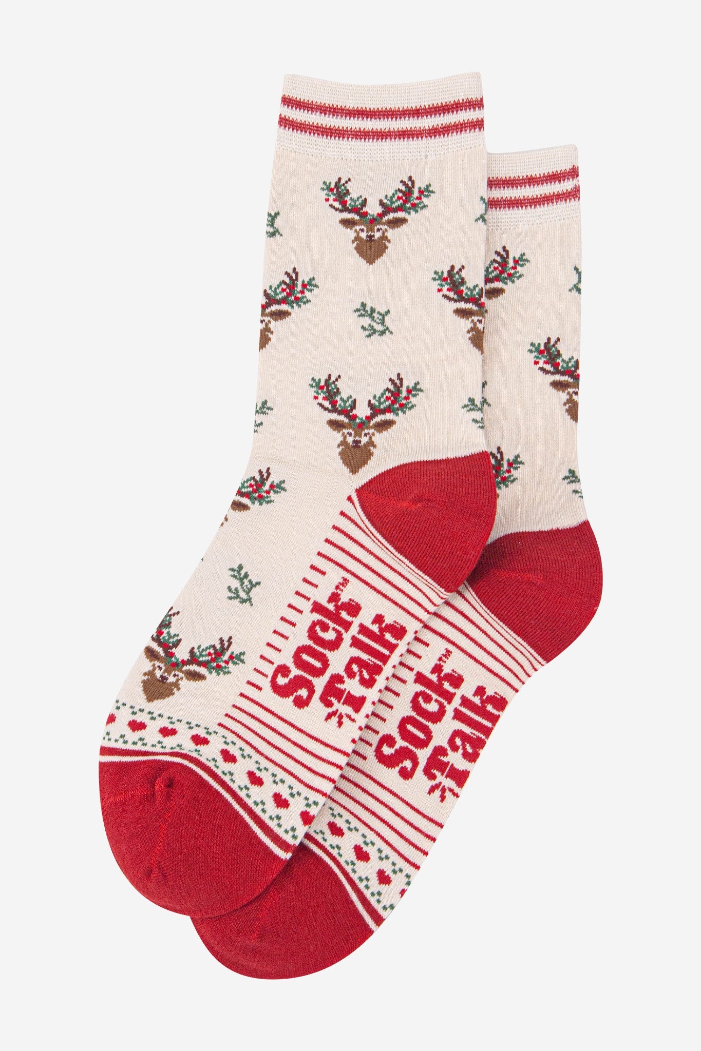 womens-bamboo-socks-cream-red-floral-reindeer-laying-flat