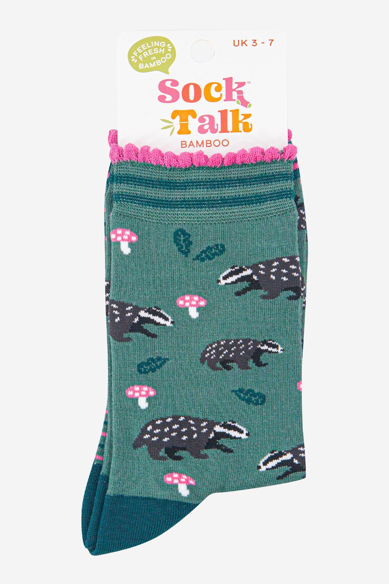 womens-bamboo-socks-sage-forest-green-badgers-and-toadstools-in-sock-talk-packaging