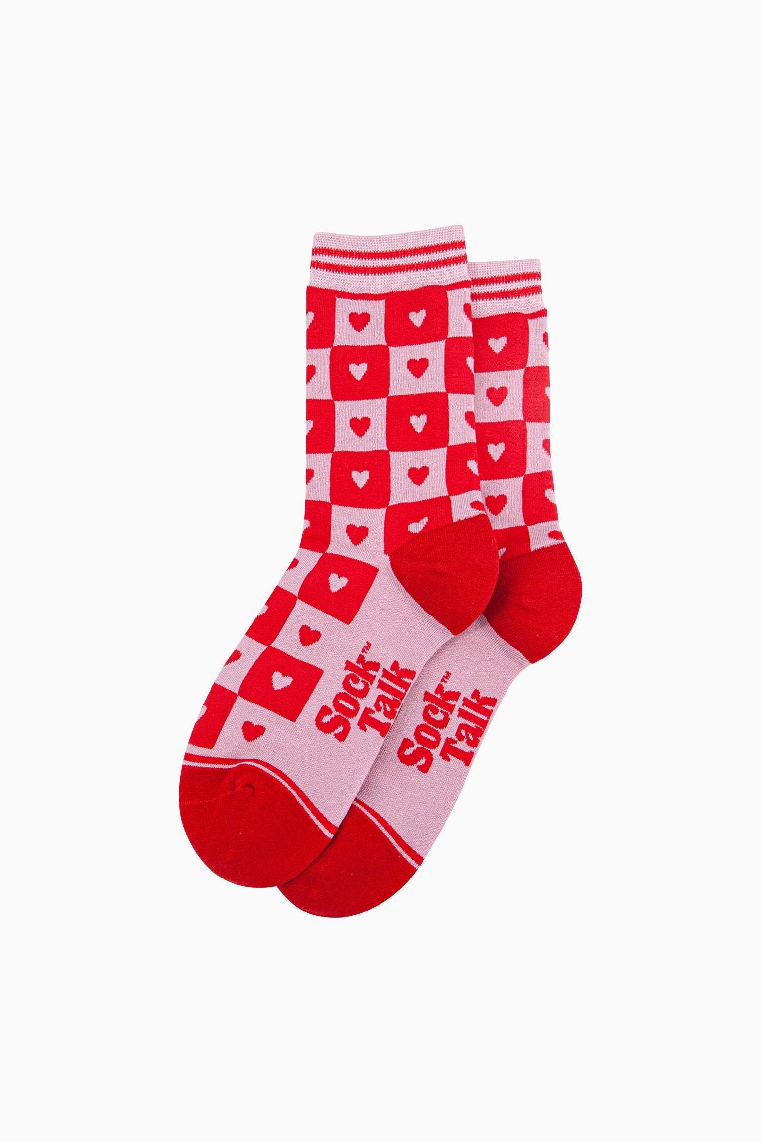 Heart-Checkerboard-Bamboo-Socks-in-Pink/Red-Lying-Flat
