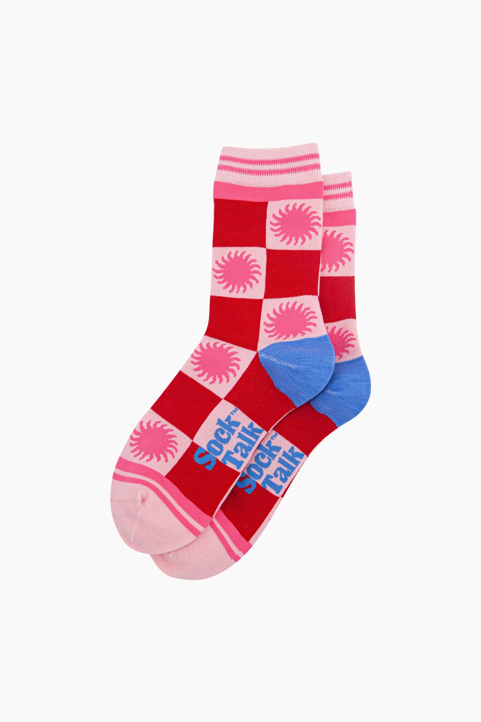 Sun-Checkerboard-Bamboo-Socks-in-Red/Pink-Lying-Flat