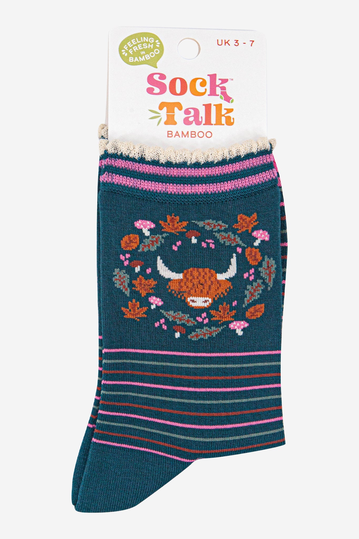 womens-bamboo-socks-forest-green-pink-highland-cow-floral-wreath-in-sock-talk-packaging