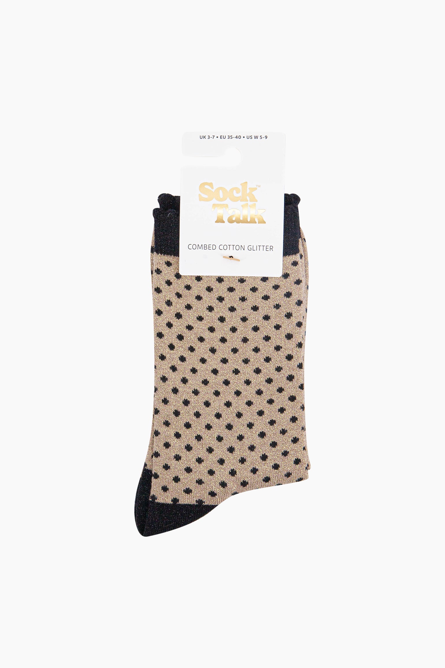 Polka-Dots-Combed-Cotton-Glitter-Socks-in-Black-Gold-in-packaging