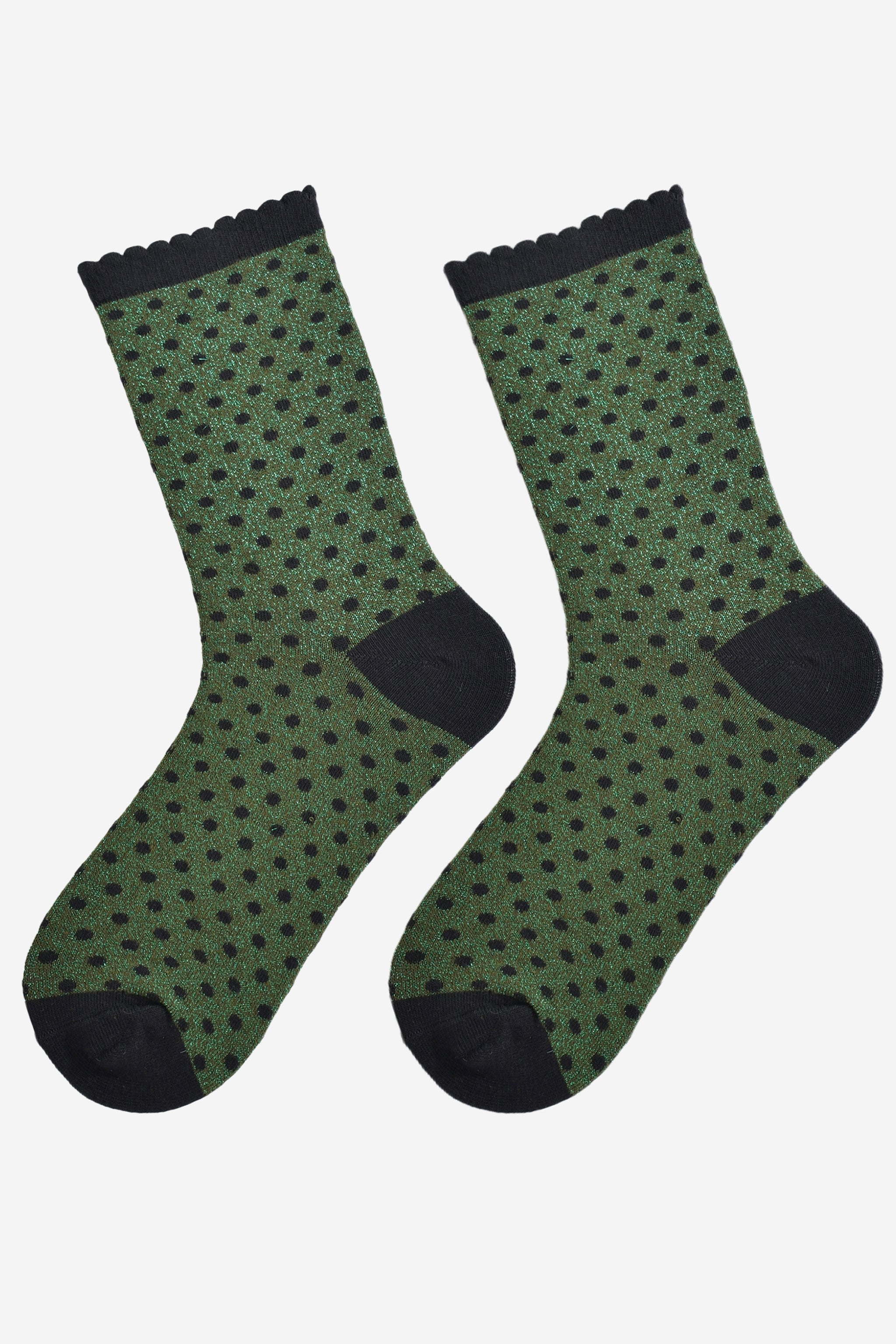 khaki green and black polka dot socks laying flat, showing the all over glitter sparkle
