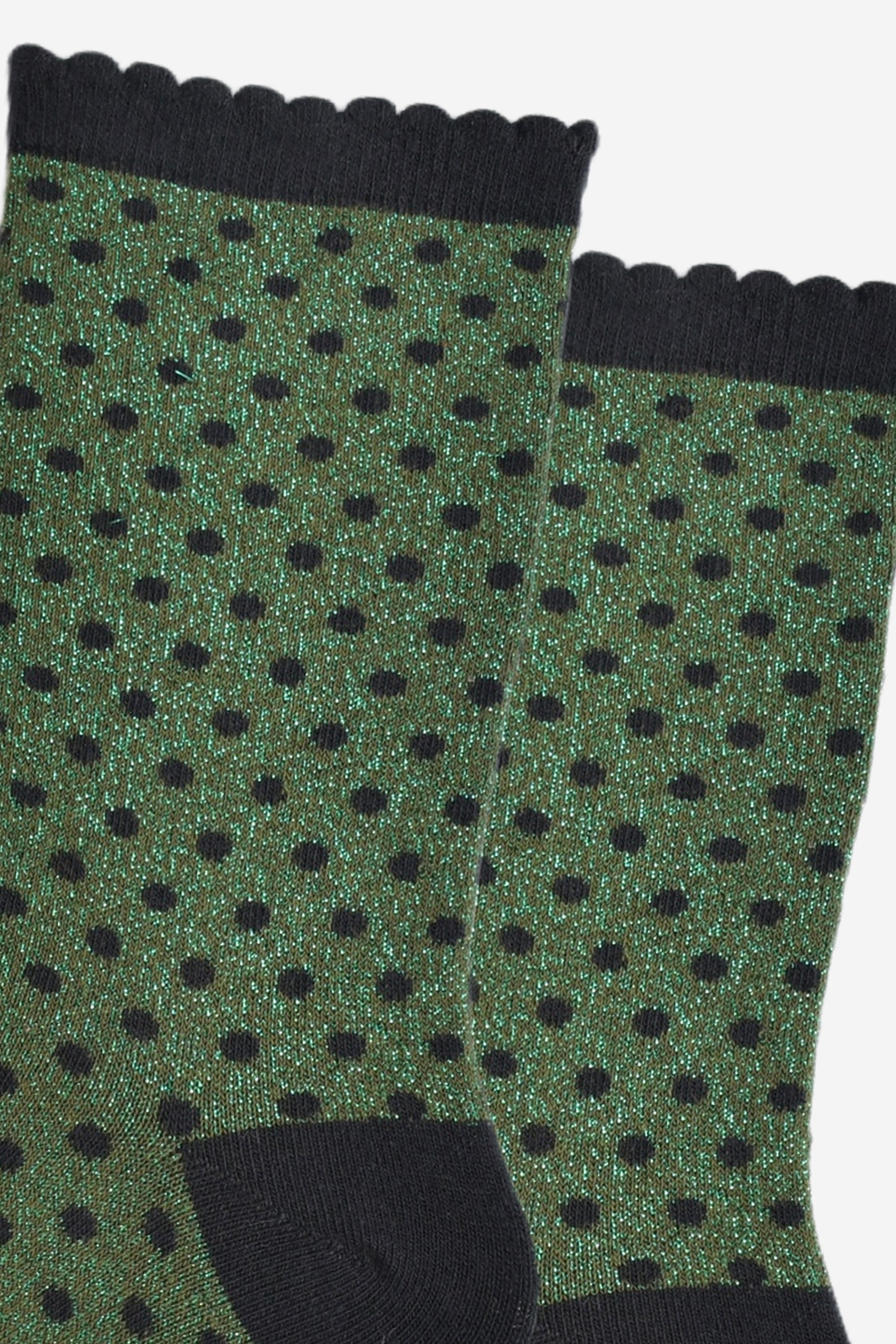 close up of the sparkly polka dot socks, showing the all over shimmer