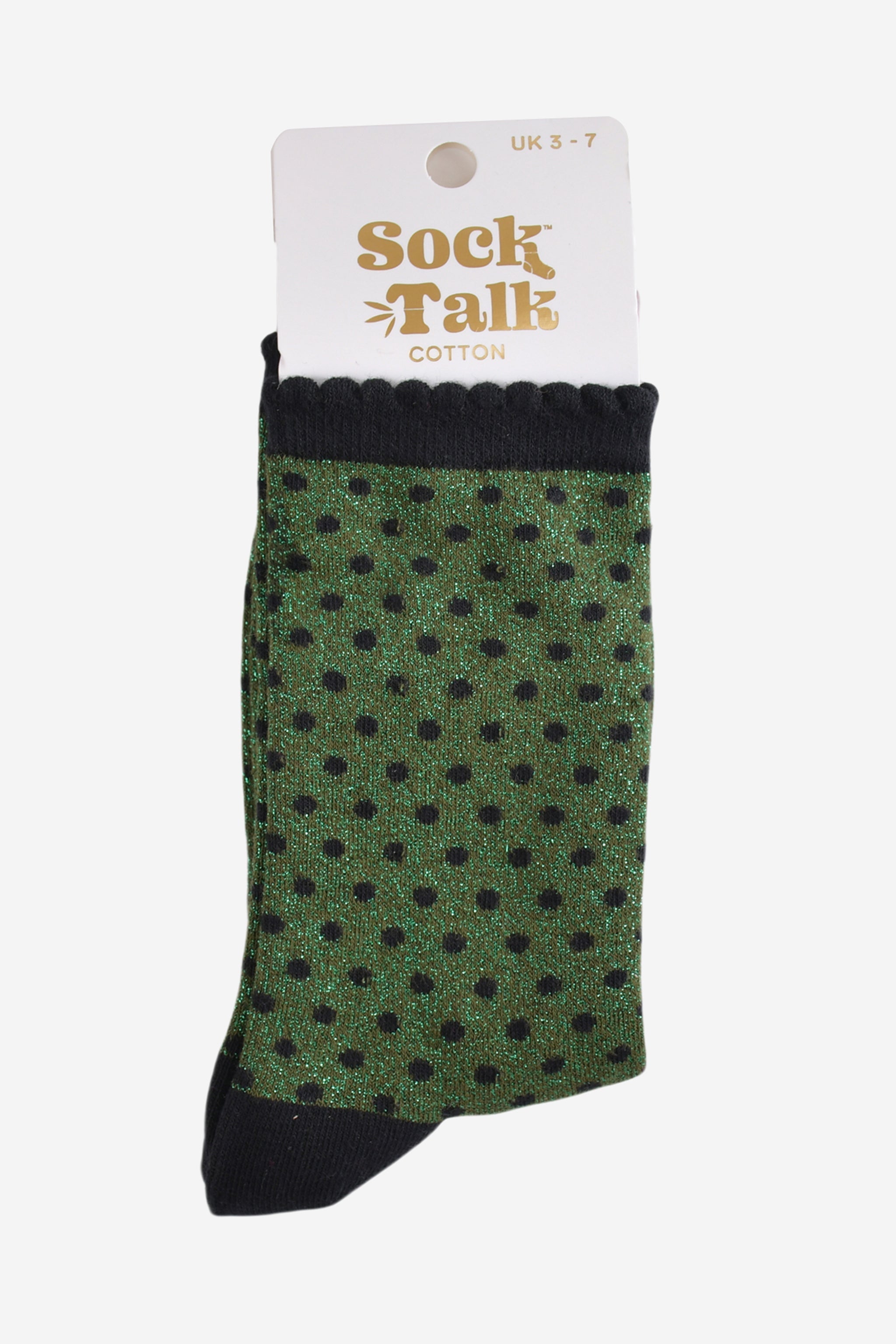 khaki green and black polka dot glitter socks in their sock talk packaging, the socks are a uk size 3-7