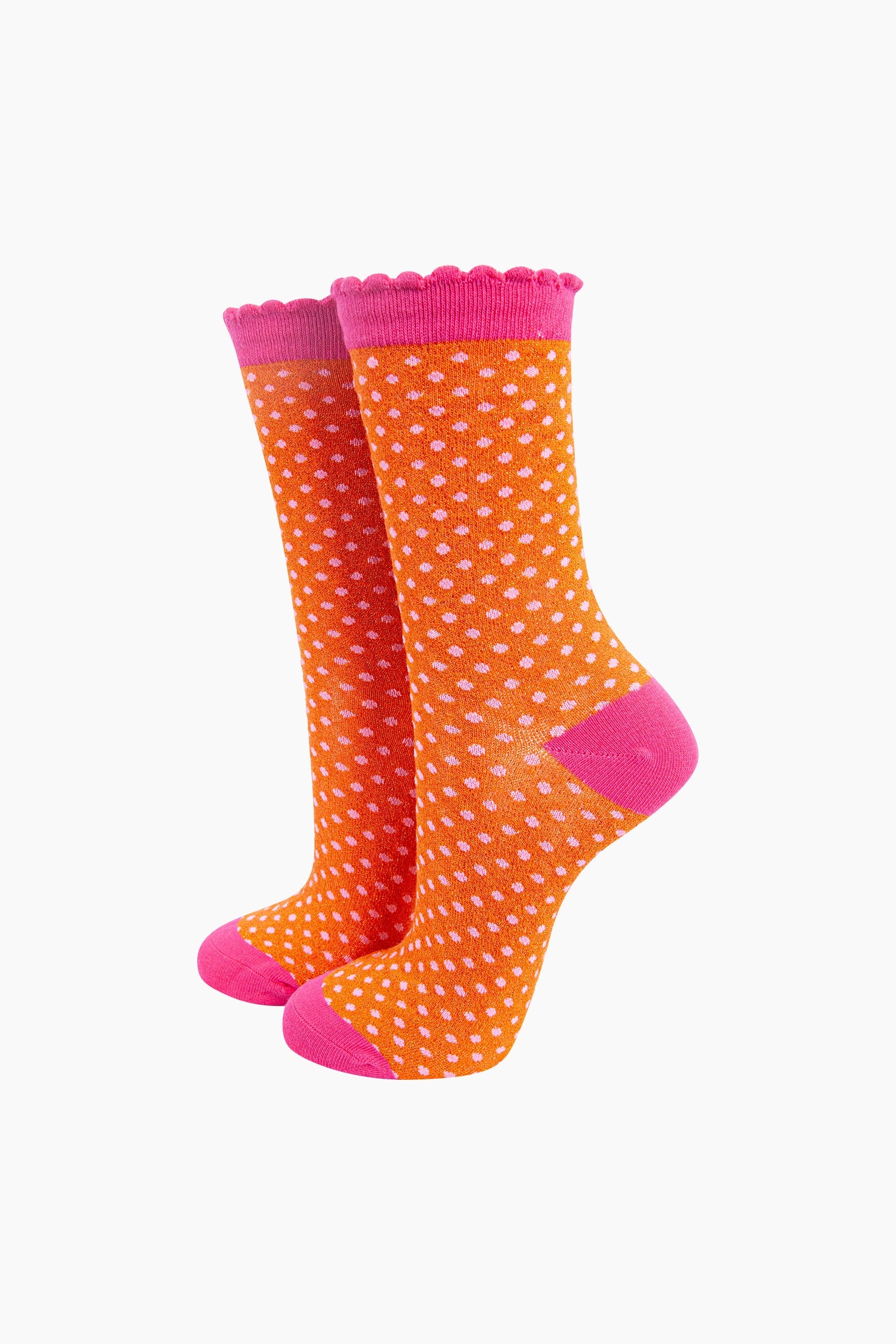 Polka-Dots-Combed-Cotton-Glitter-Socks-in-Orange-Hot-Pink-mannequin