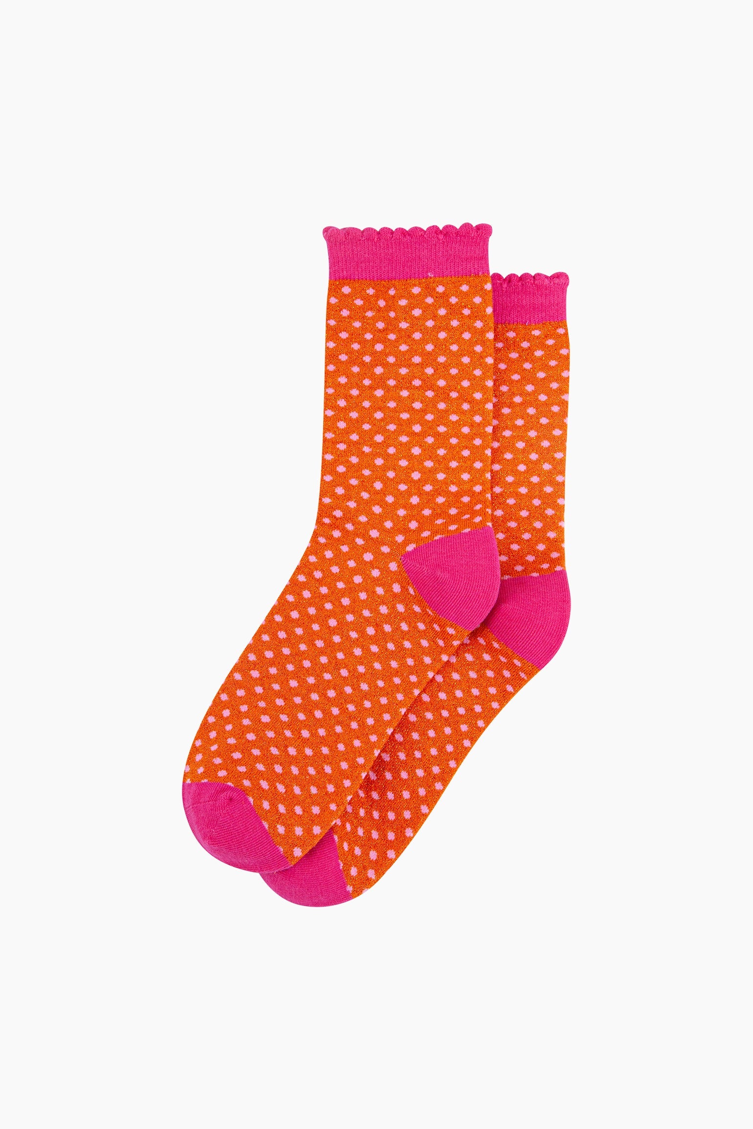 Polka-Dots-Combed-Cotton-Glitter-Socks-in-Orange-Hot-Pink-flat-lay