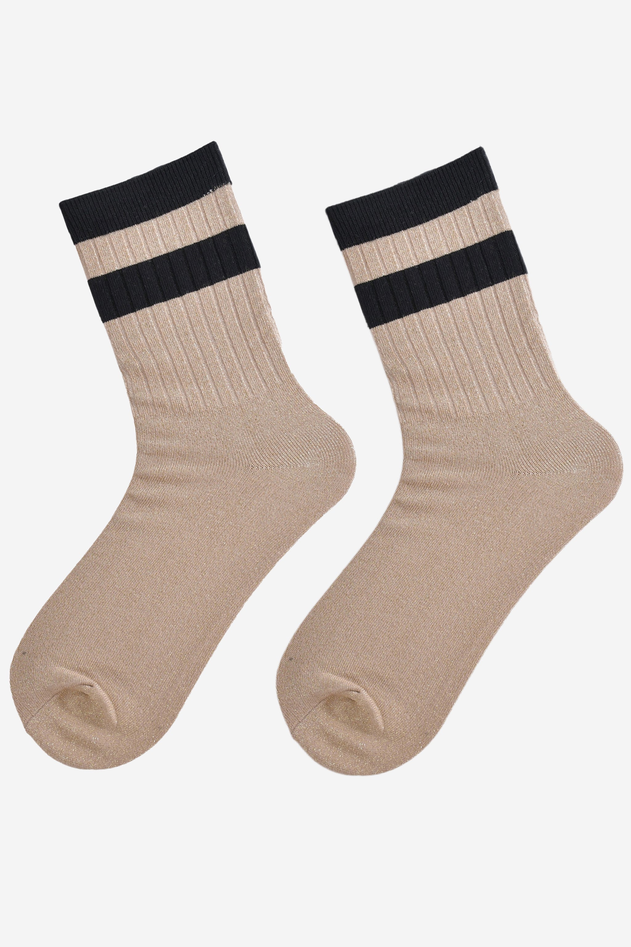 showing the socks laying flat, they have an all over gold glitter sparkle, ribbed cuffs and black striped bands on the cuff and ankle