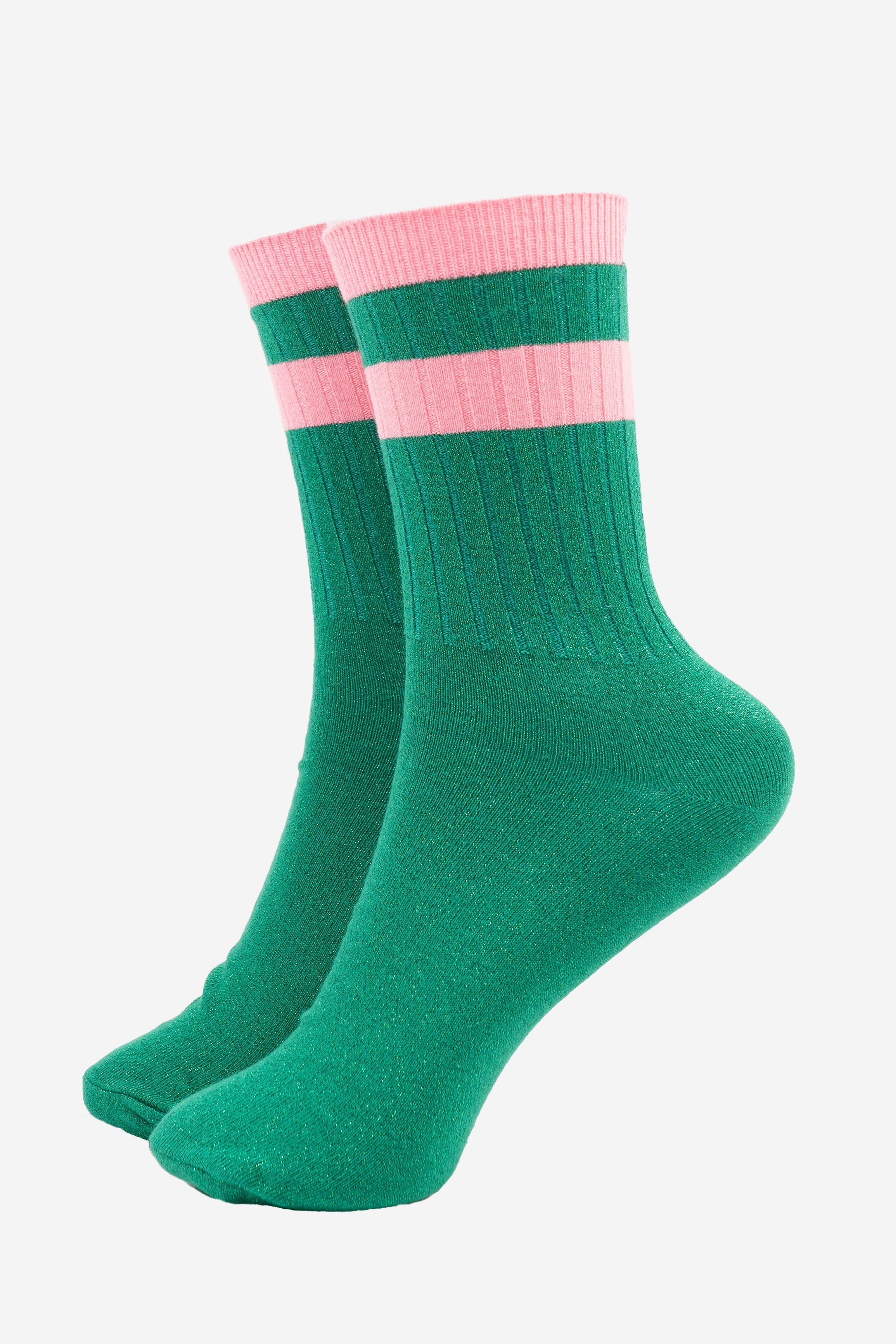 Women's Glitter Socks - Green/Pink, Striped Cuff