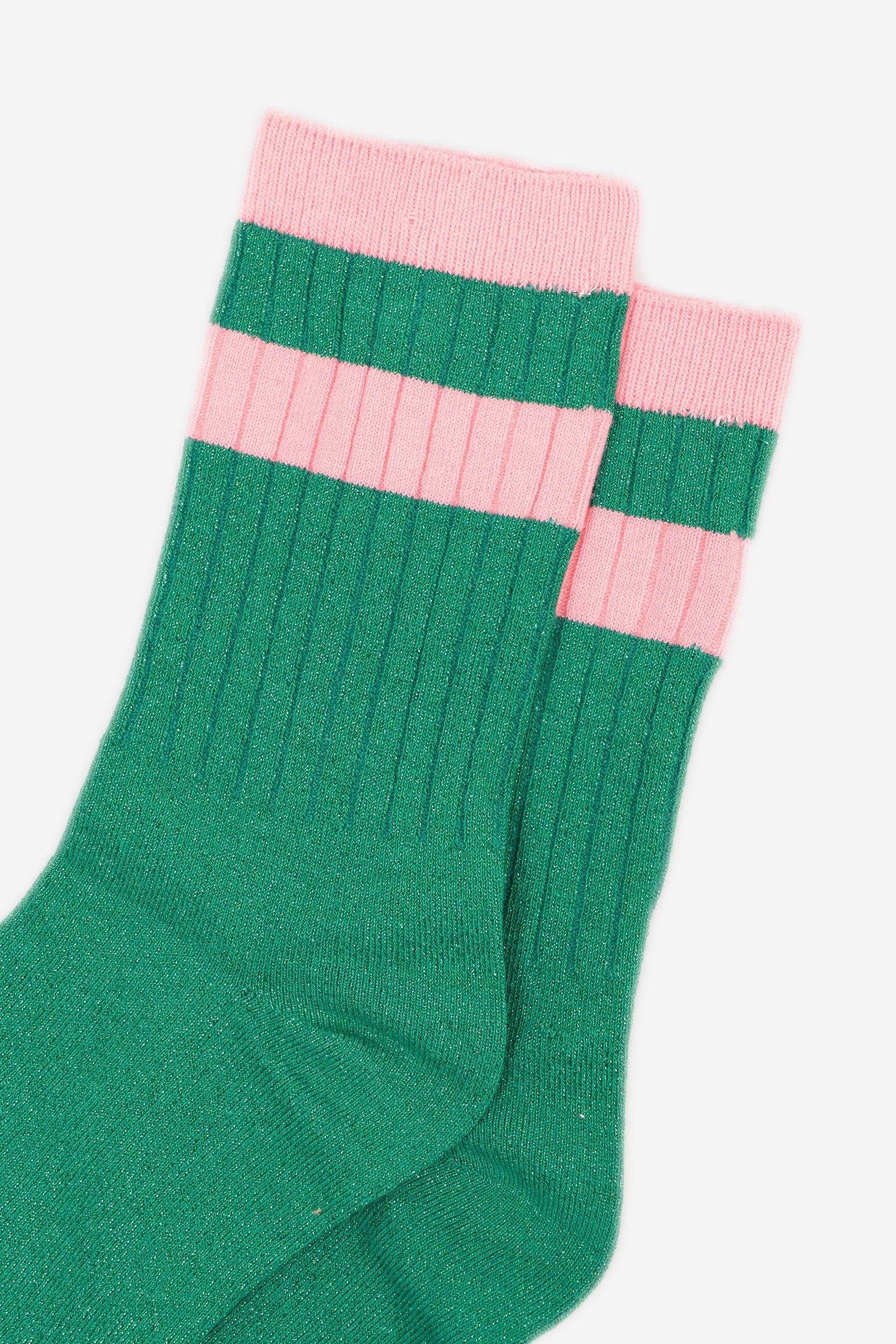 Women's Glitter Socks - Green/Pink, Striped Cuff