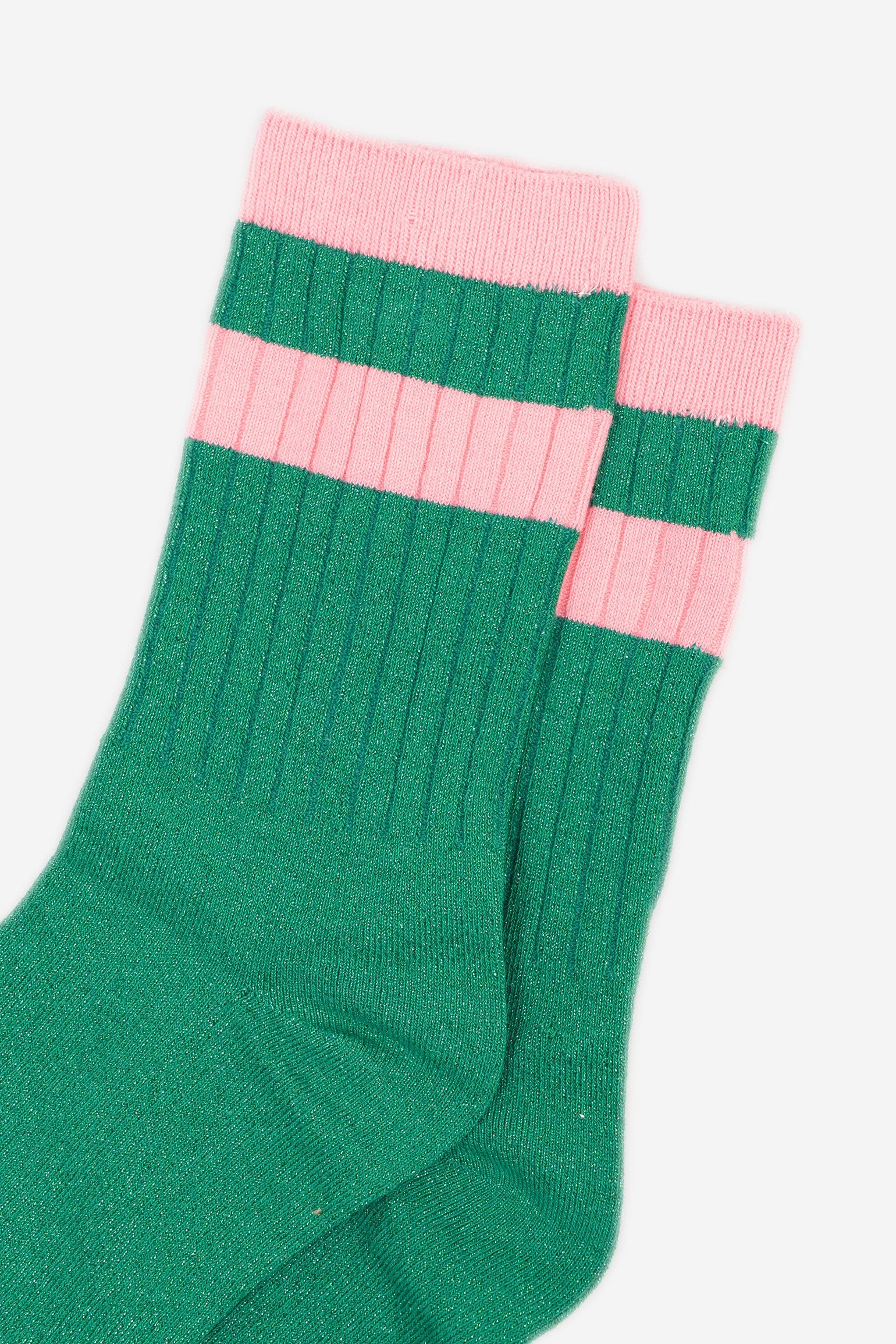 womens-glitter-socks-green-pink-striped-cuff-close-up-shimmery-material