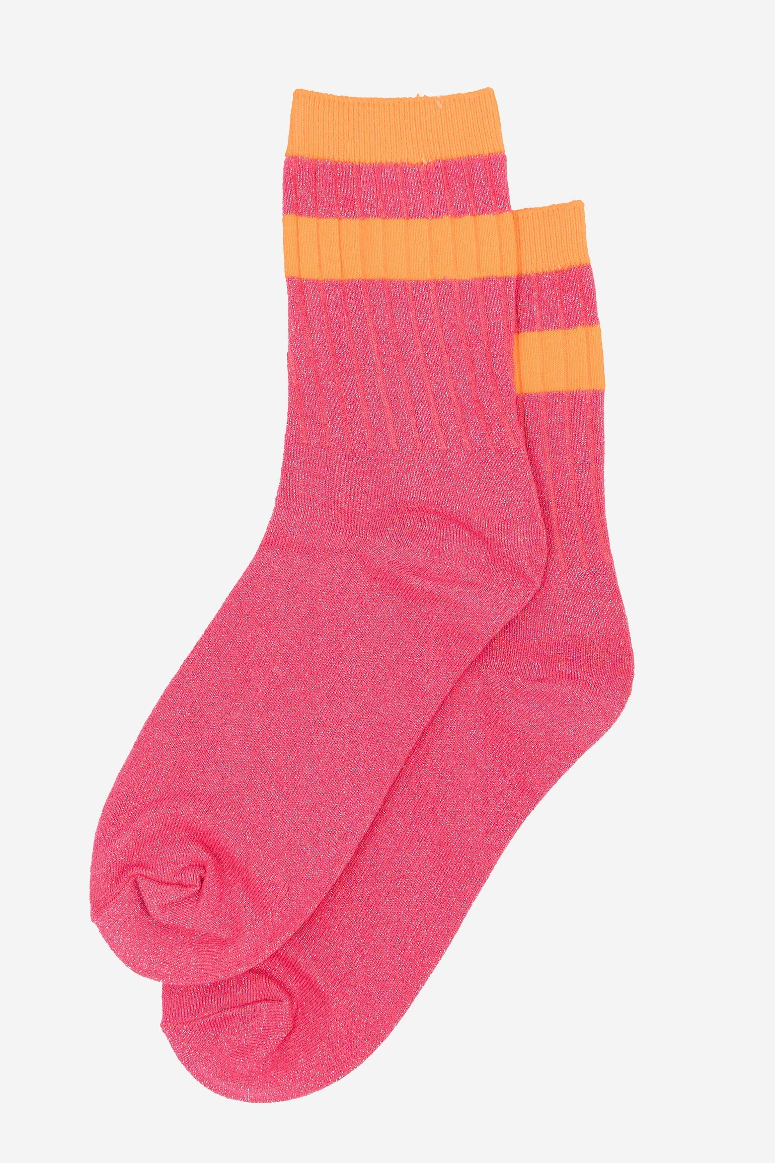 Women's Glitter Socks - Hot Pink/Orange, Striped Cuff